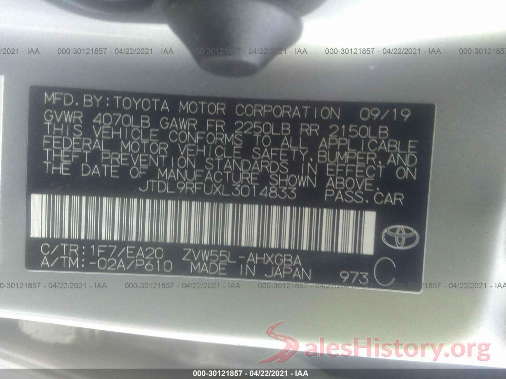 JTDL9RFUXL3014833 2020 TOYOTA PRIUS