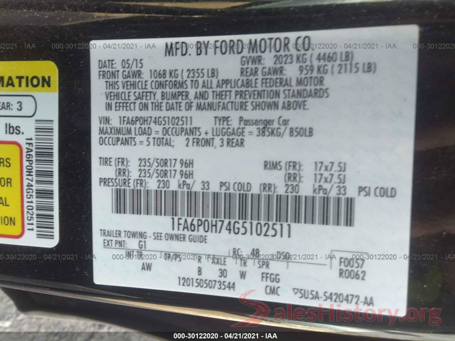 1FA6P0H74G5102511 2016 FORD FUSION