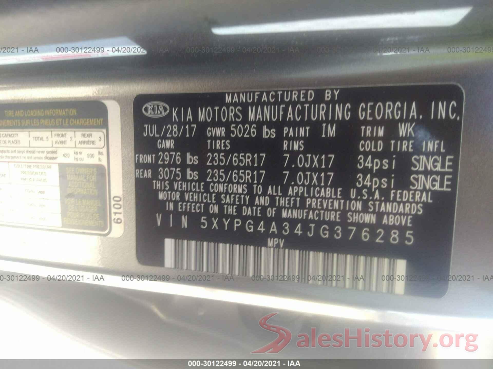 5XYPG4A34JG376285 2018 KIA SORENTO