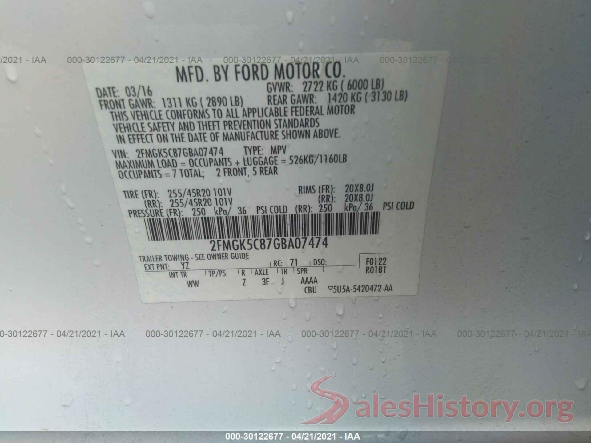 2FMGK5C87GBA07474 2016 FORD FLEX