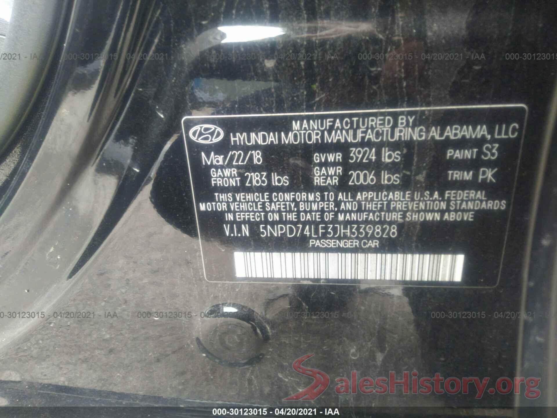 5NPD74LF3JH339828 2018 HYUNDAI ELANTRA