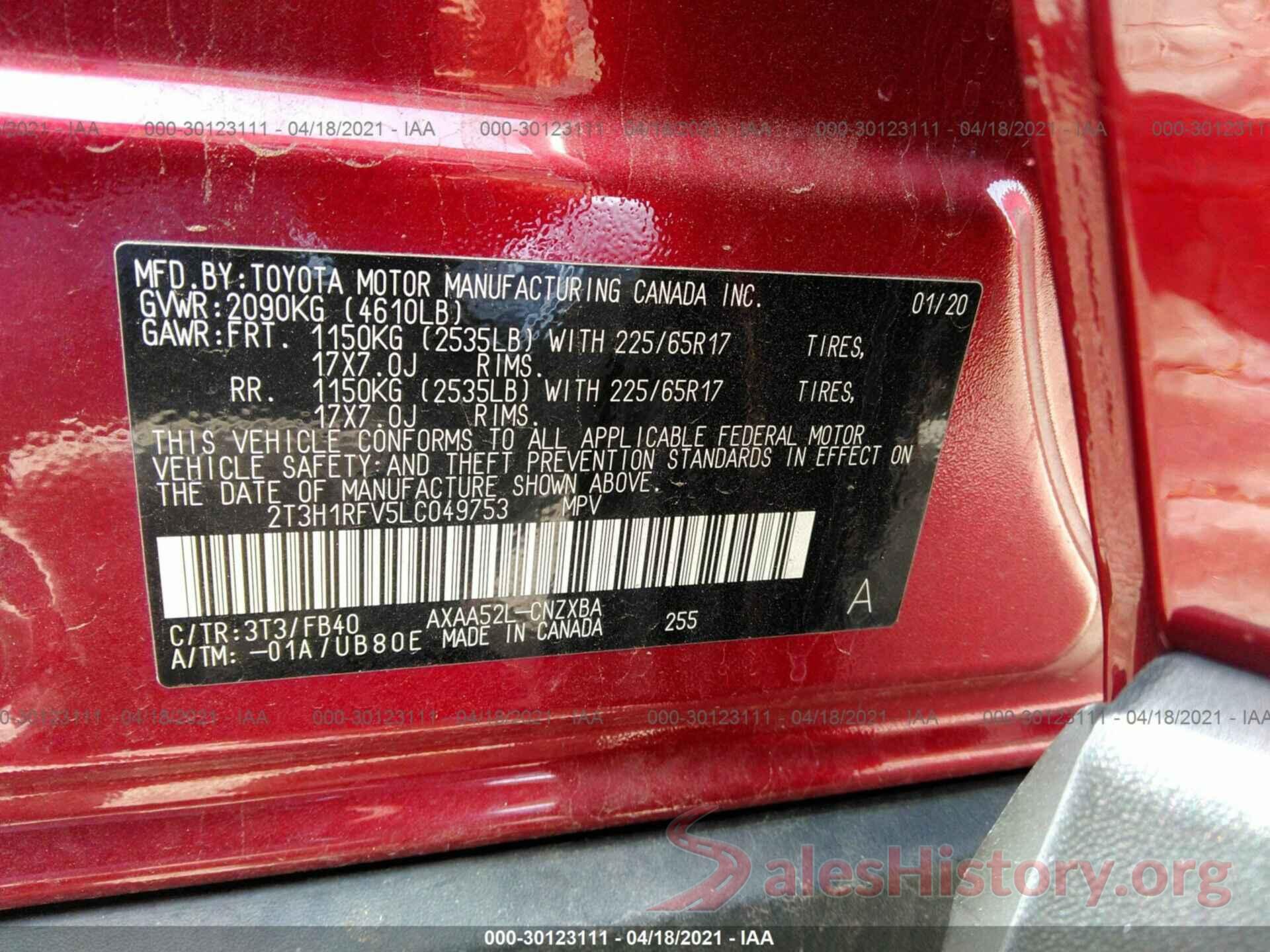 2T3H1RFV5LC049753 2020 TOYOTA RAV4