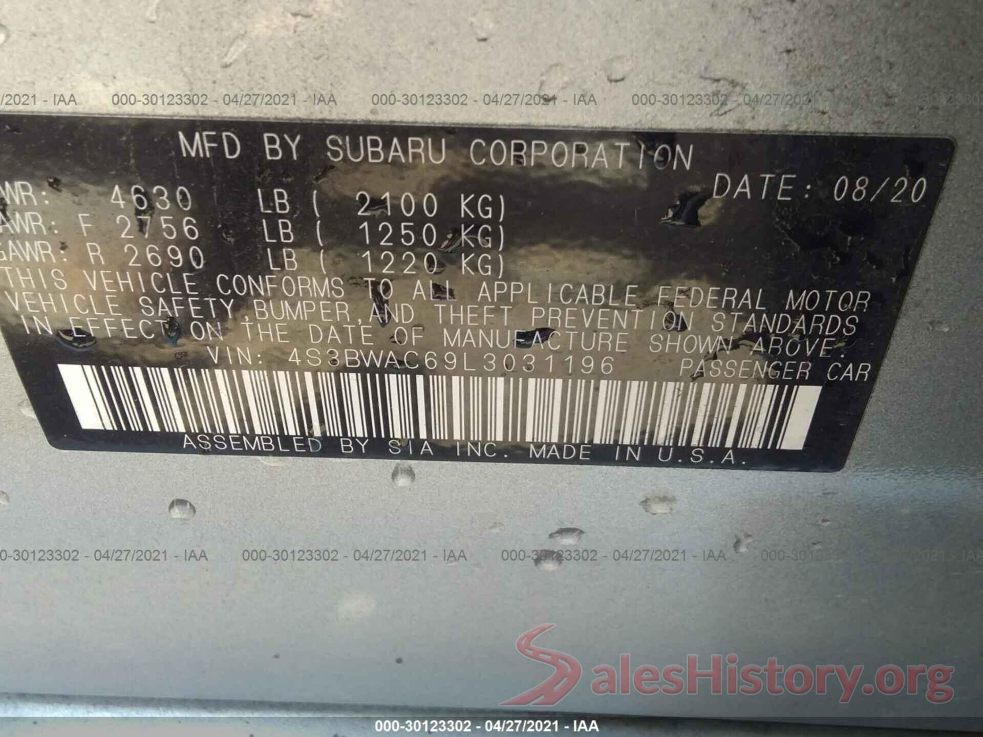 4S3BWAC69L3031196 2020 SUBARU LEGACY