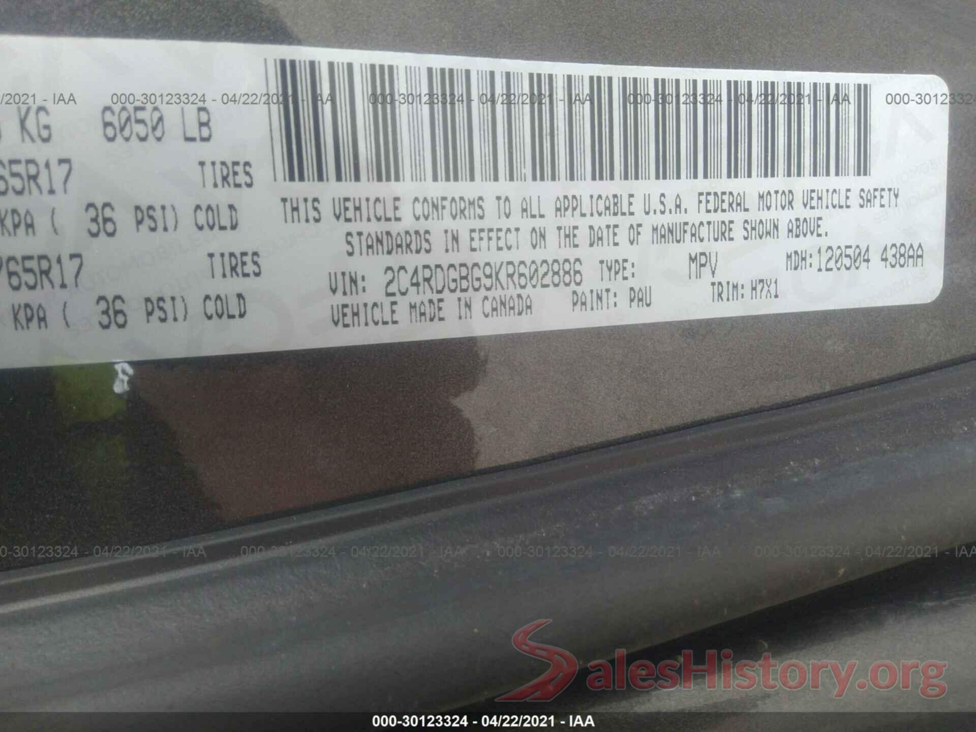 2C4RDGBG9KR602886 2019 DODGE GRAND CARAVAN