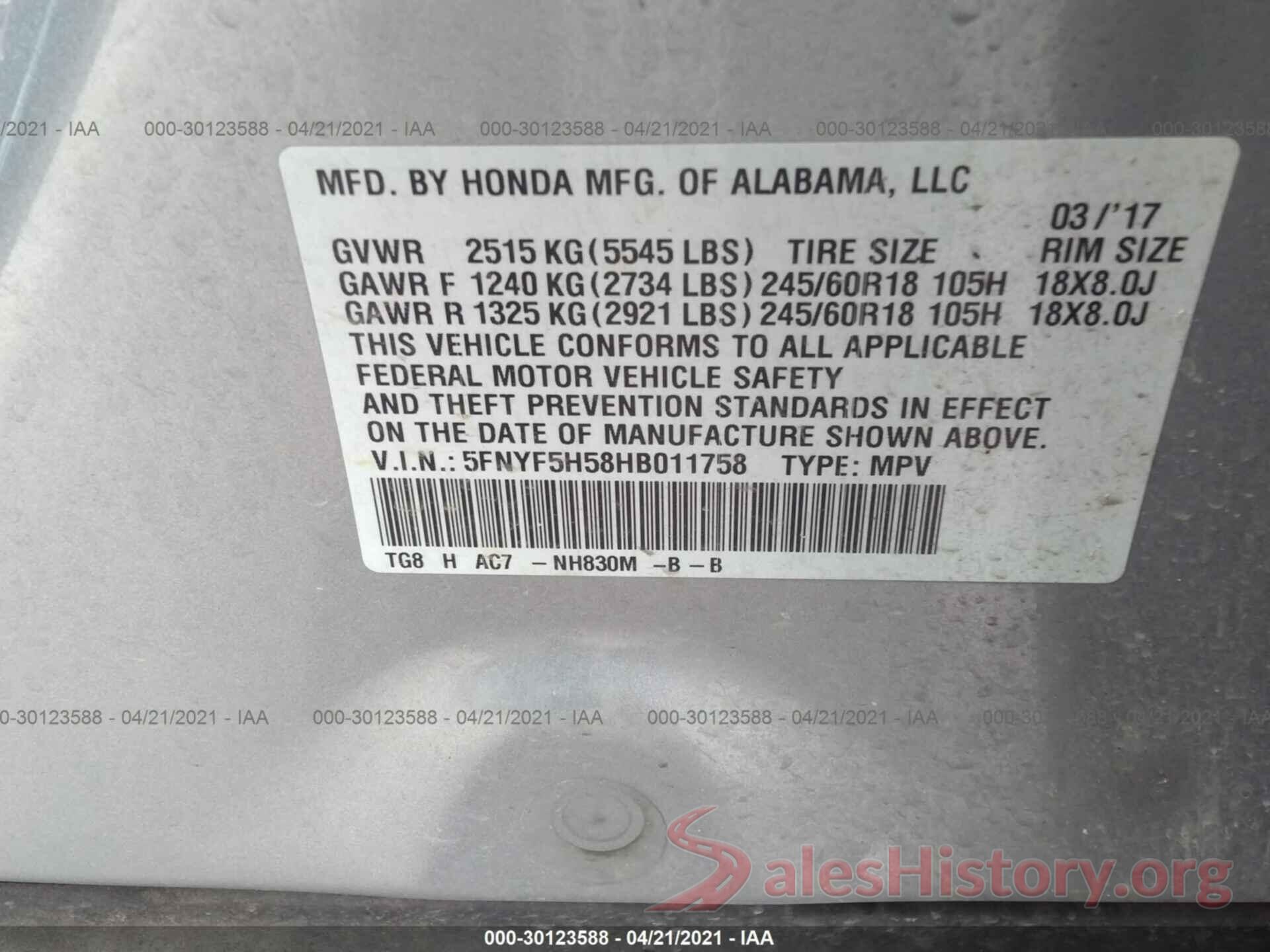 5FNYF5H58HB011758 2017 HONDA PILOT