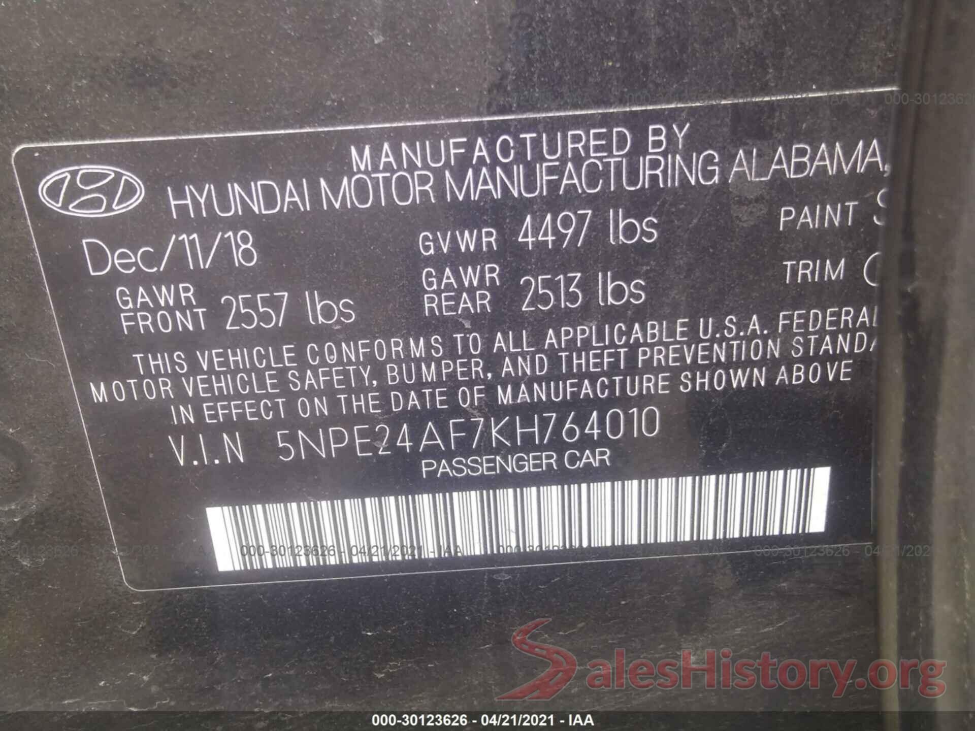 5NPE24AF7KH764010 2019 HYUNDAI SONATA