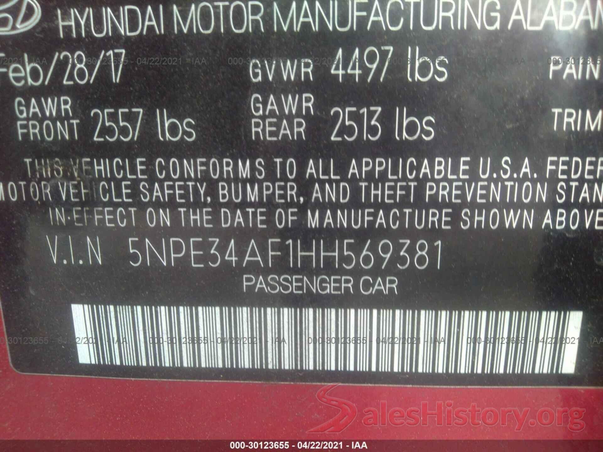 5NPE34AF1HH569381 2017 HYUNDAI SONATA