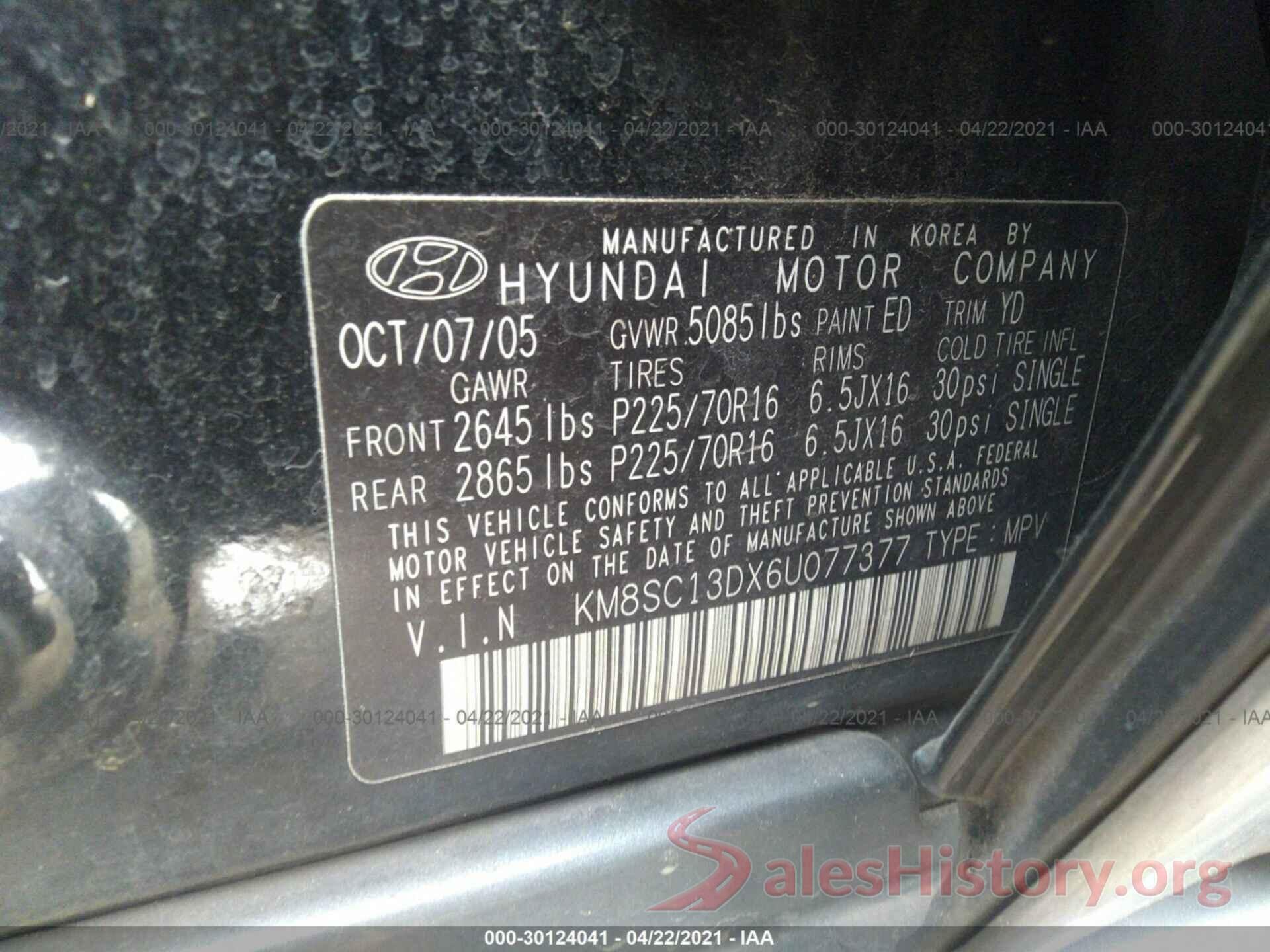 5XYPKDA59HG246576 2006 HYUNDAI SANTA FE