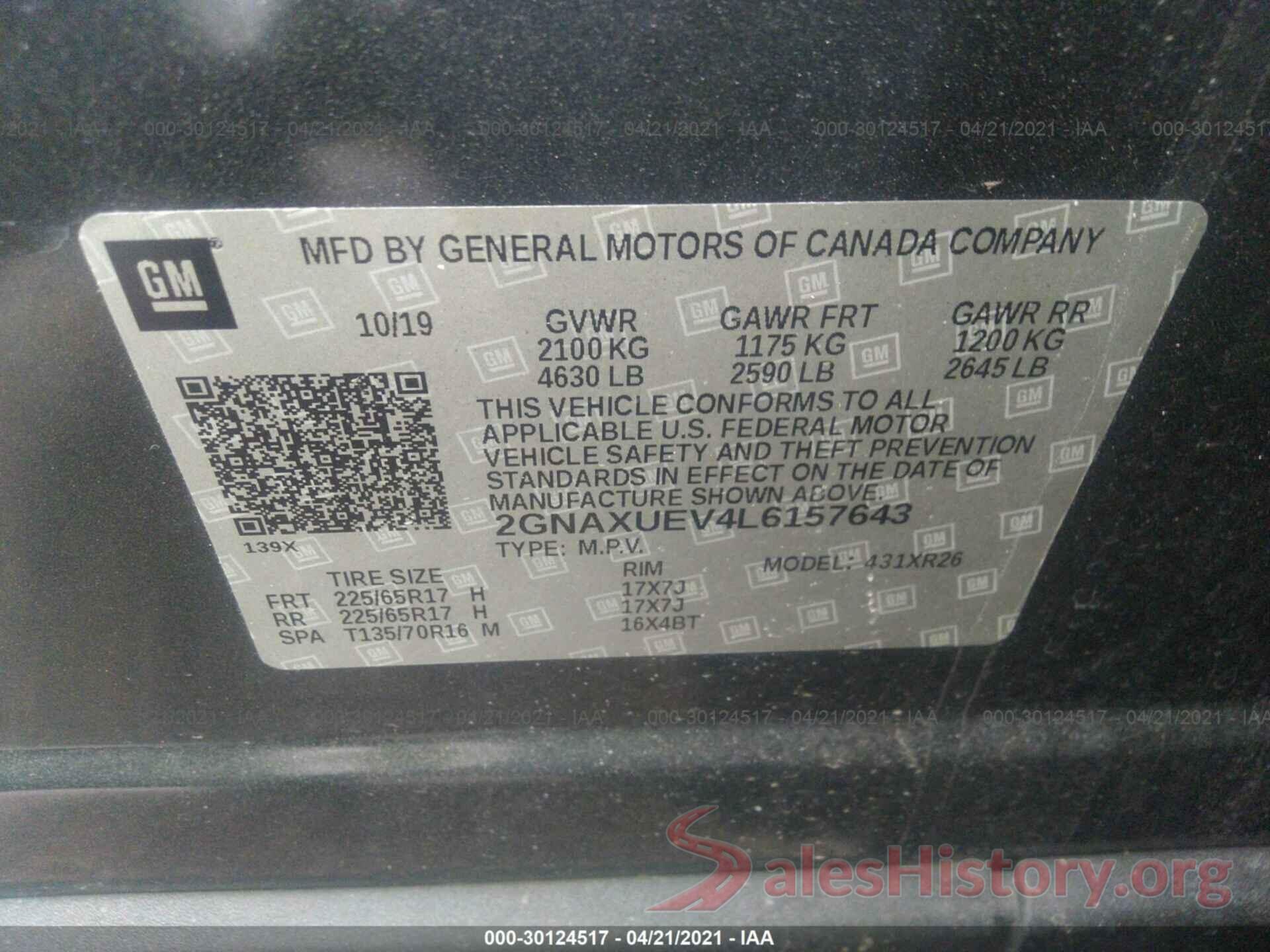 2GNAXUEV4L6157643 2020 CHEVROLET EQUINOX