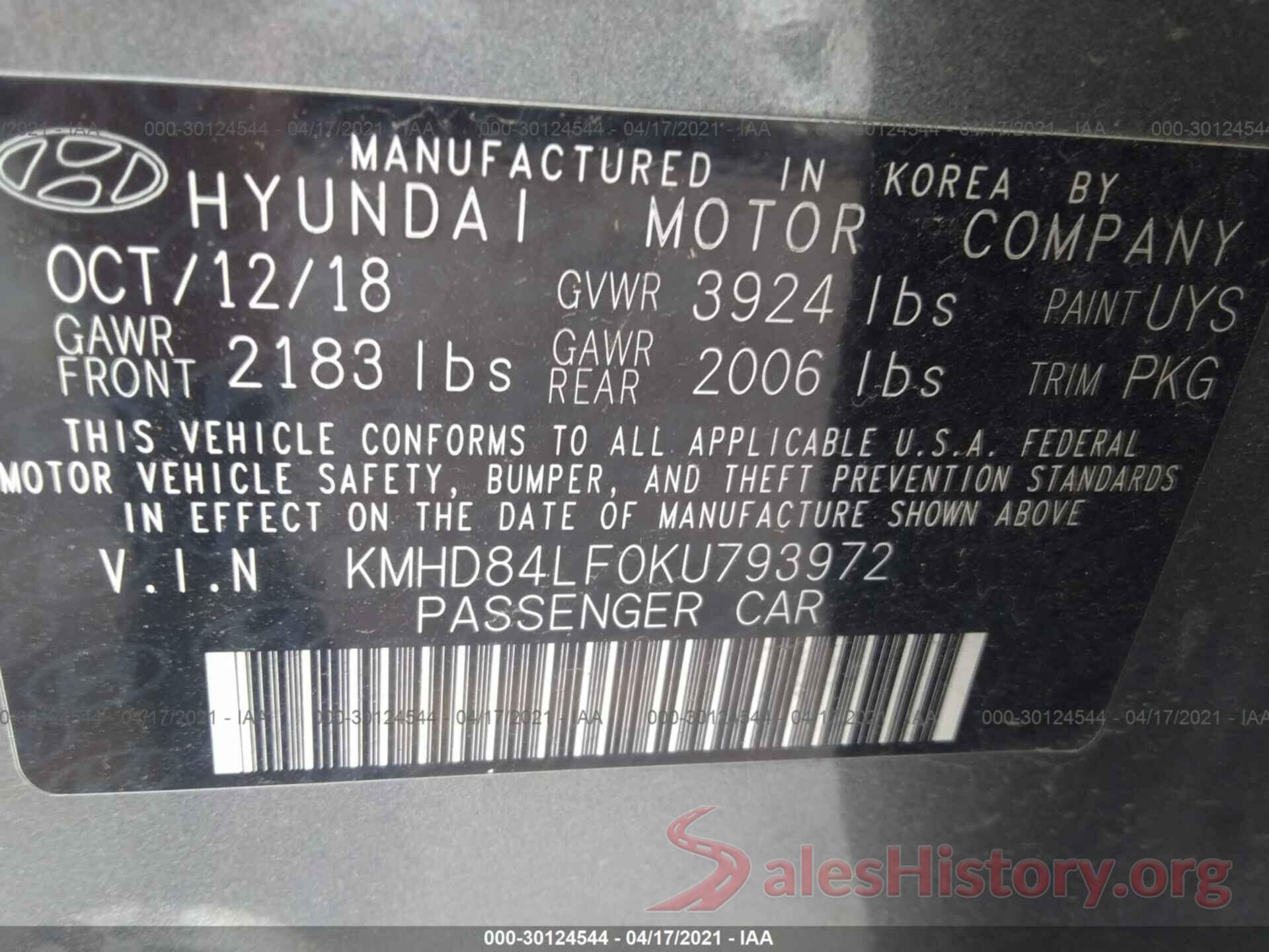 KMHD84LF0KU793972 2019 HYUNDAI ELANTRA