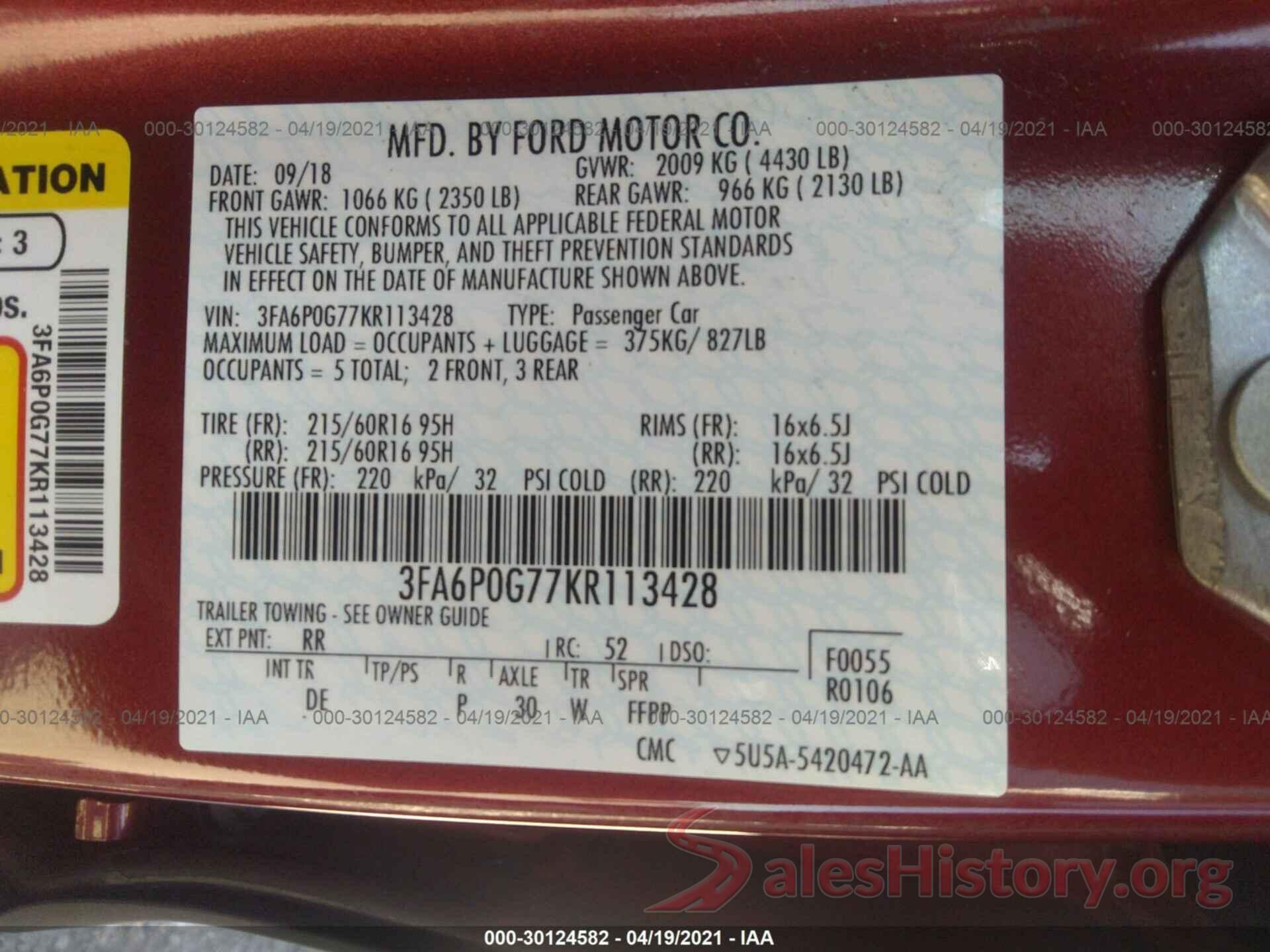 3FA6P0G77KR113428 2019 FORD FUSION