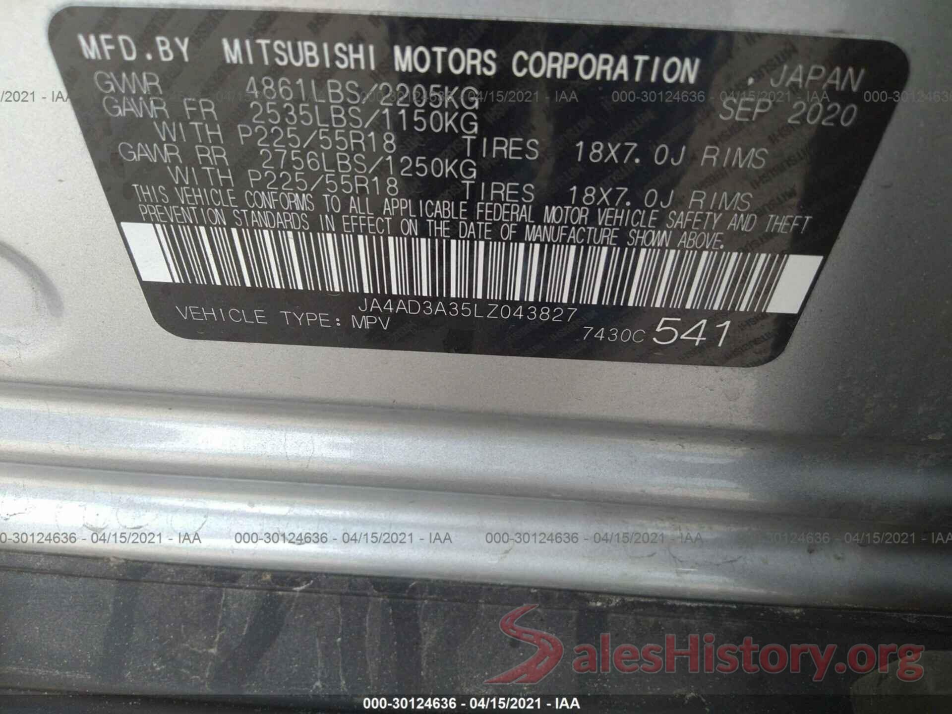 JA4AD3A35LZ043827 2020 MITSUBISHI OUTLANDER