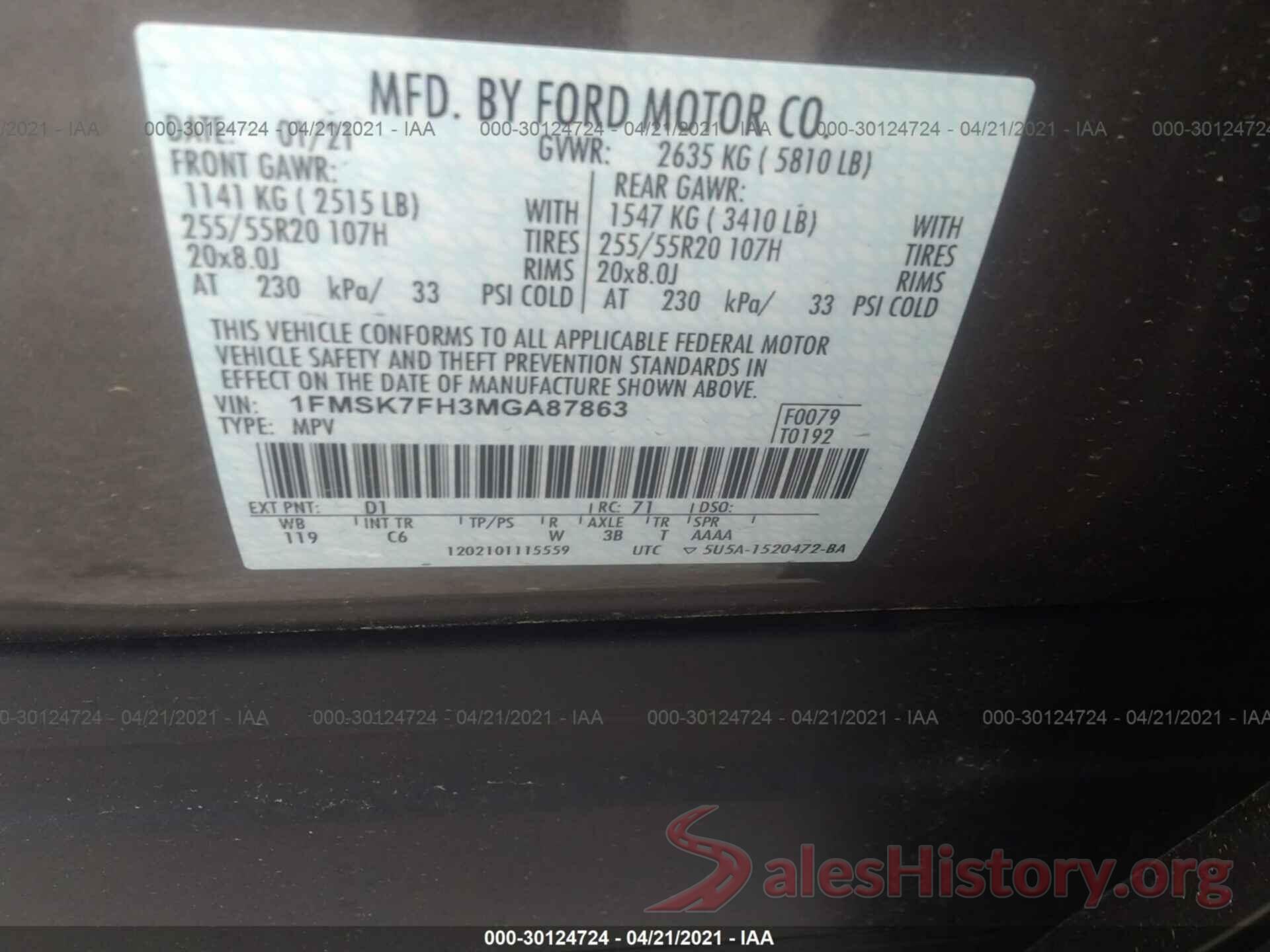 1FMSK7FH3MGA87863 2021 FORD EXPLORER