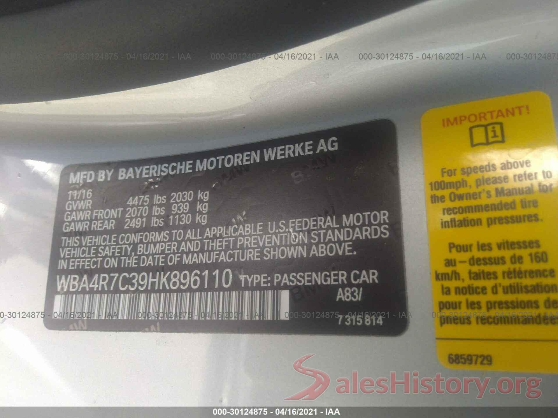 WBA4R7C39HK896110 2017 BMW 4 SERIES