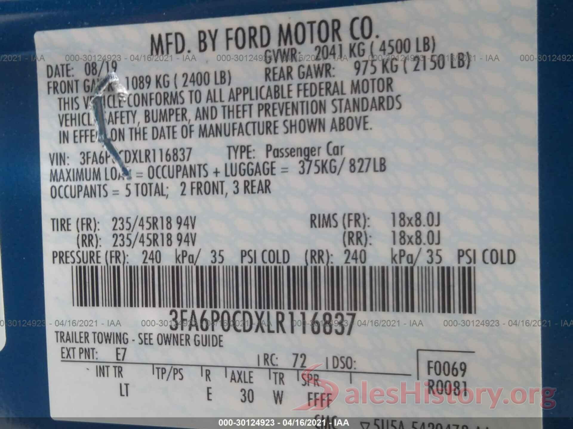 3FA6P0CDXLR116837 2020 FORD FUSION