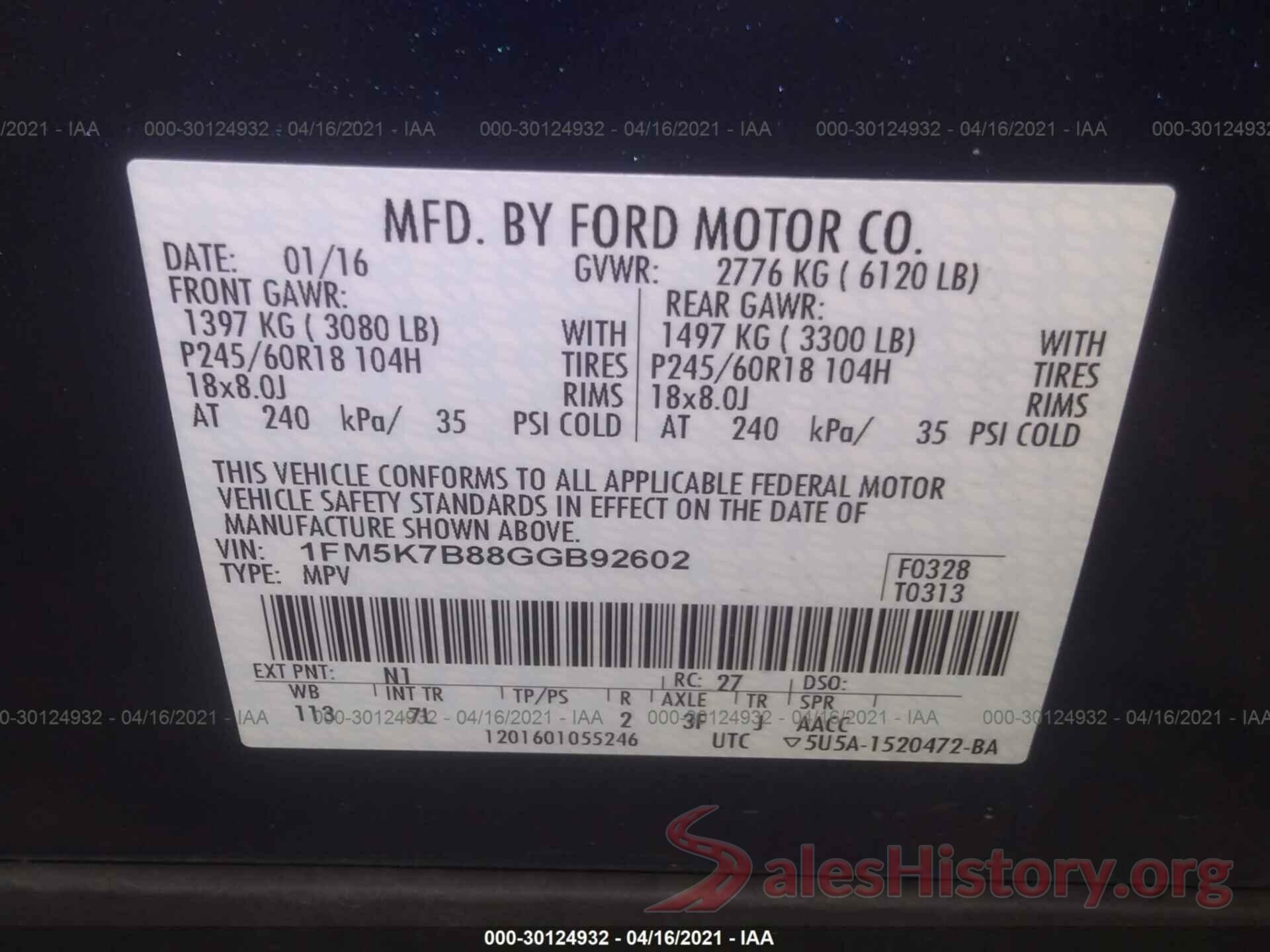 1FM5K7B88GGB92602 2016 FORD EXPLORER