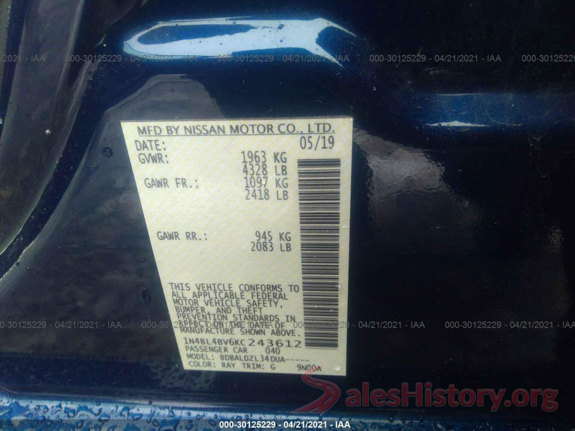 1N4BL4BV6KC243612 2019 NISSAN ALTIMA