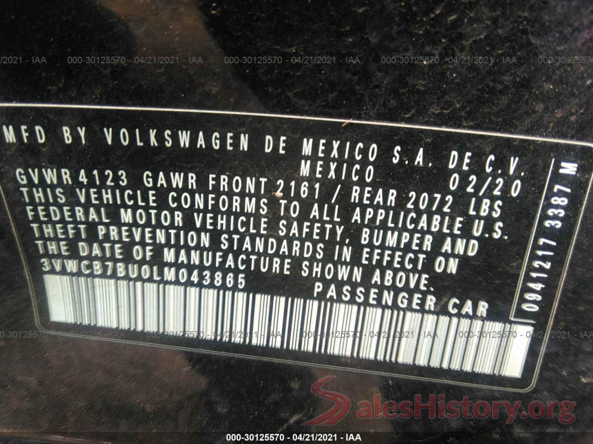 3VWCB7BU0LM043865 2020 VOLKSWAGEN JETTA