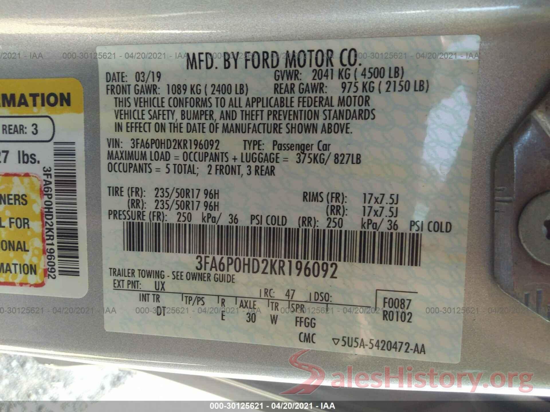 3FA6P0HD2KR196092 2019 FORD FUSION