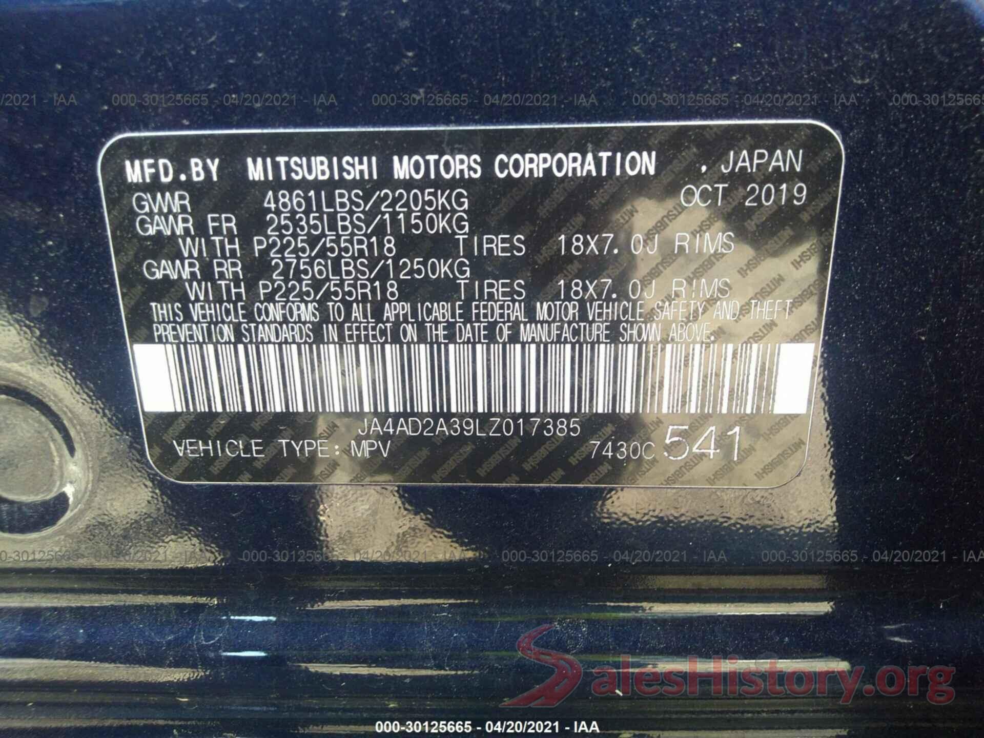 JA4AD2A39LZ017385 2020 MITSUBISHI OUTLANDER