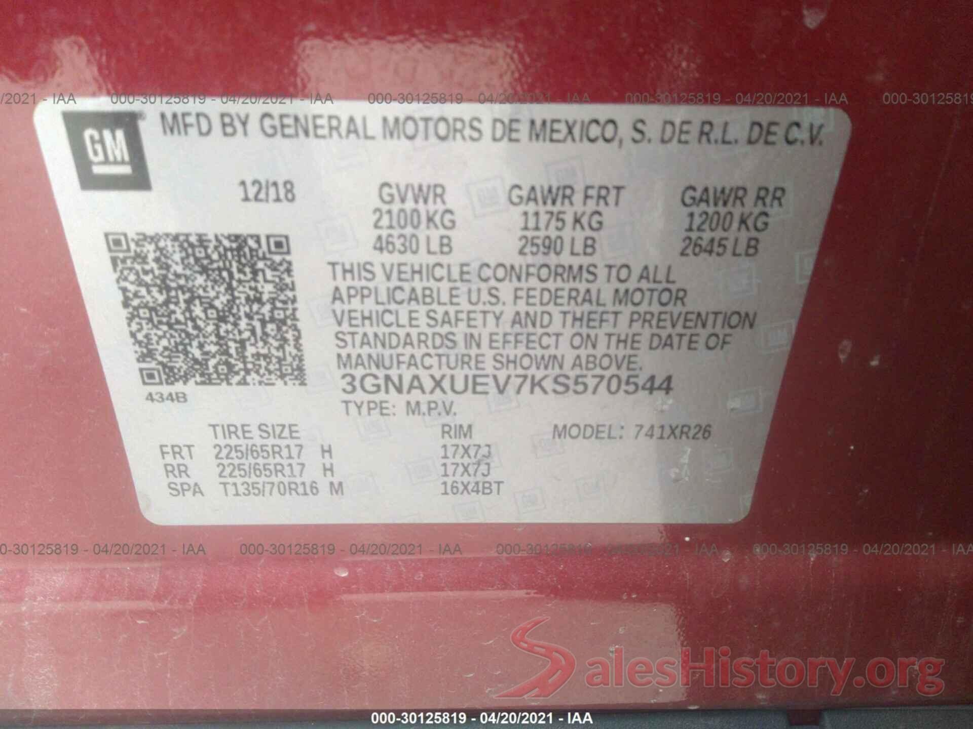 3GNAXUEV7KS570544 2019 CHEVROLET EQUINOX