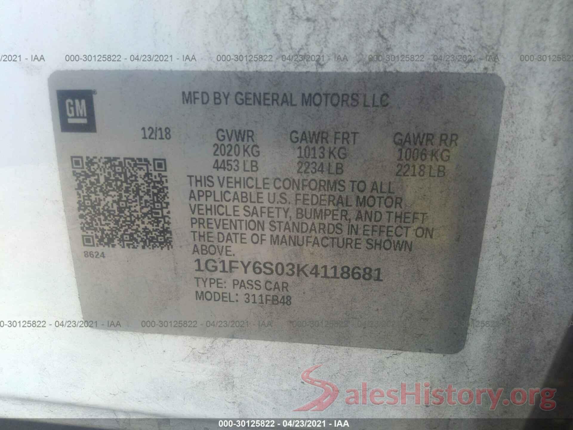 1G1FY6S03K4118681 2019 CHEVROLET BOLT EV