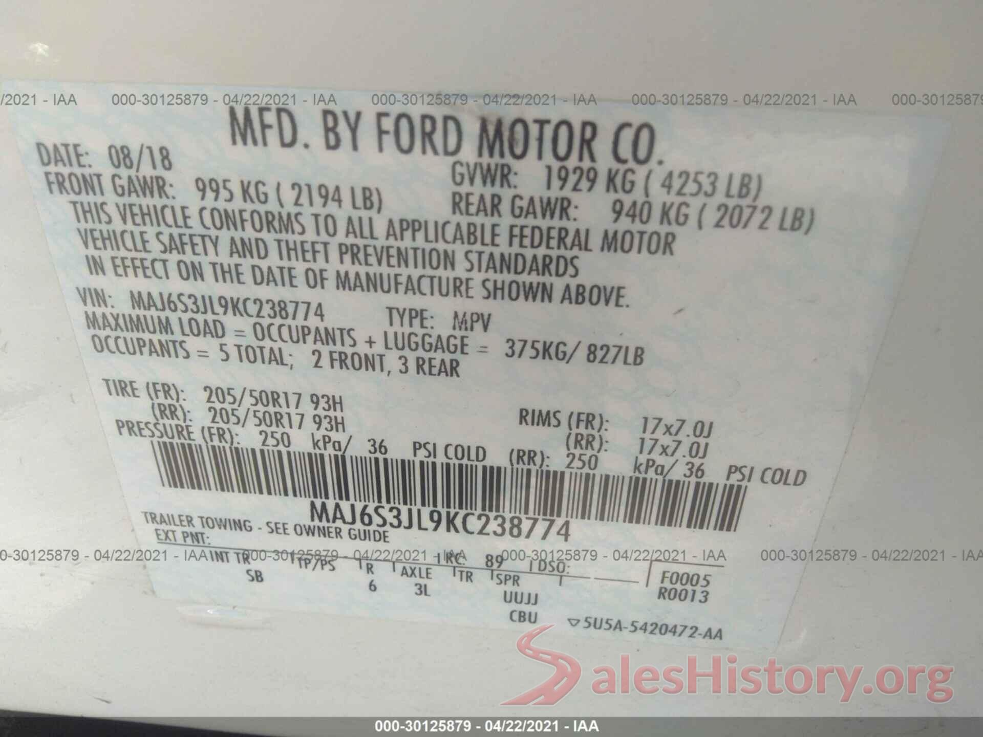 MAJ6S3JL9KC238774 2019 FORD ECOSPORT