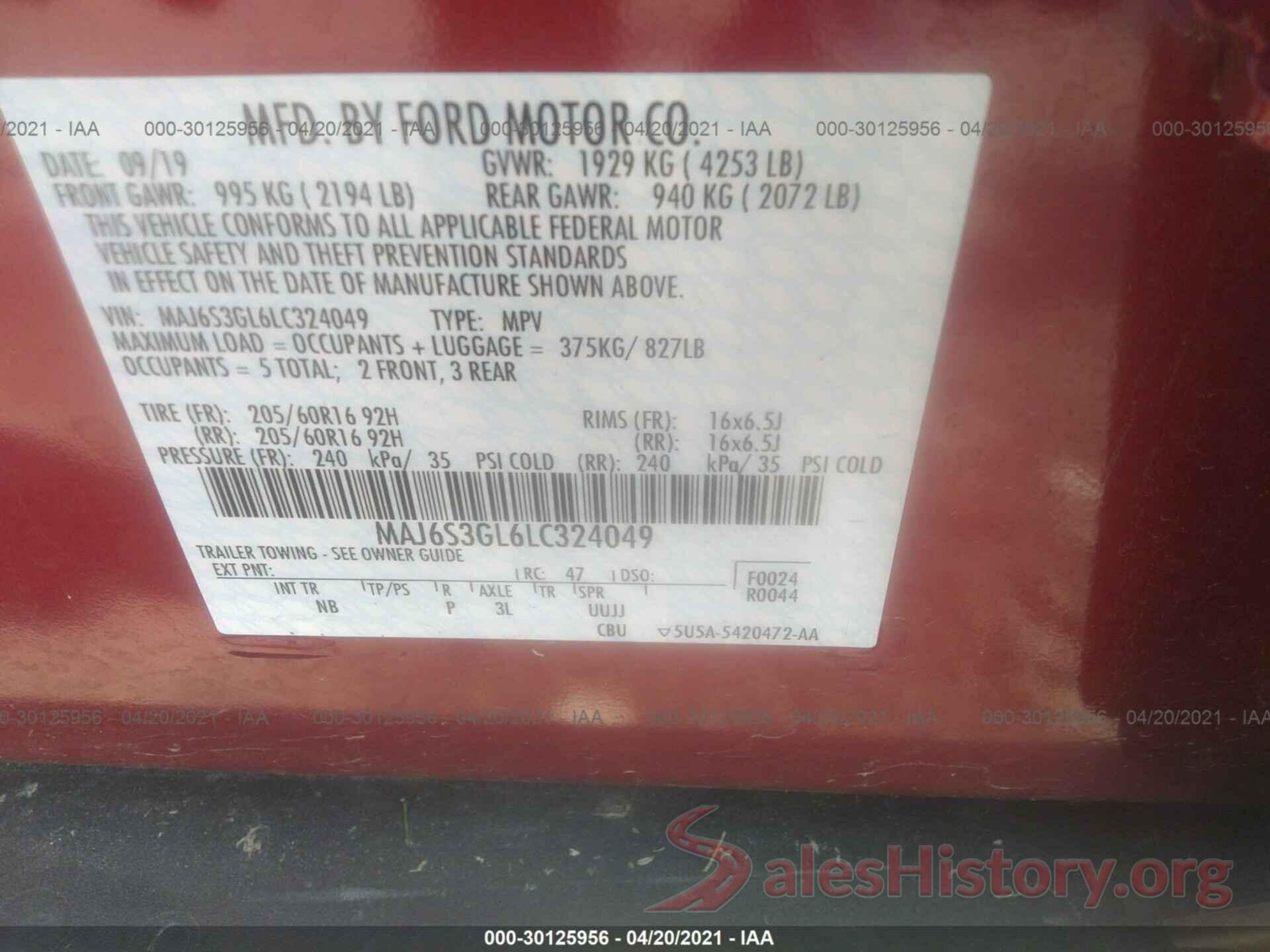 MAJ6S3GL6LC324049 2020 FORD ECOSPORT