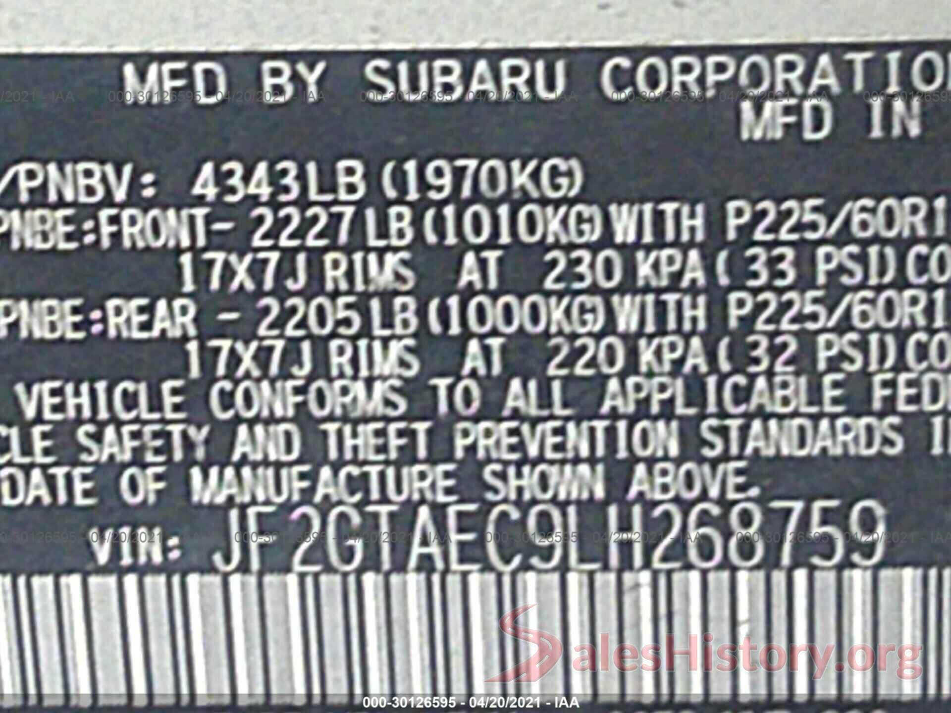 JF2GTAEC9LH268759 2020 SUBARU CROSSTREK