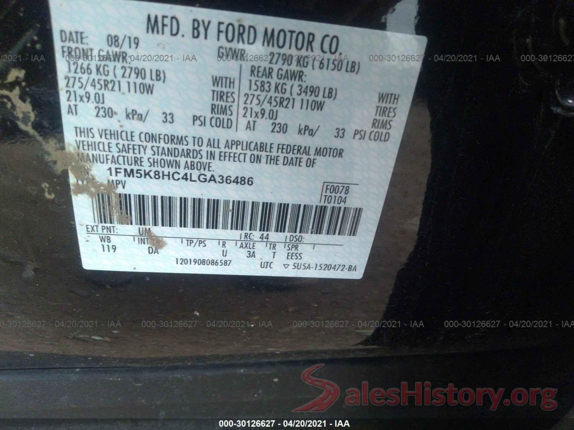 1FM5K8HC4LGA36486 2020 FORD EXPLORER