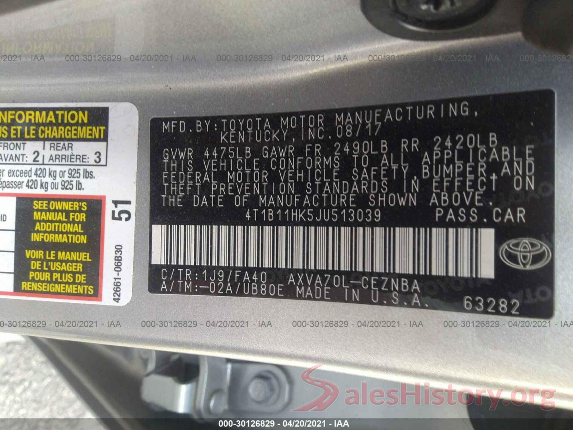 4T1B11HK5JU513039 2018 TOYOTA CAMRY