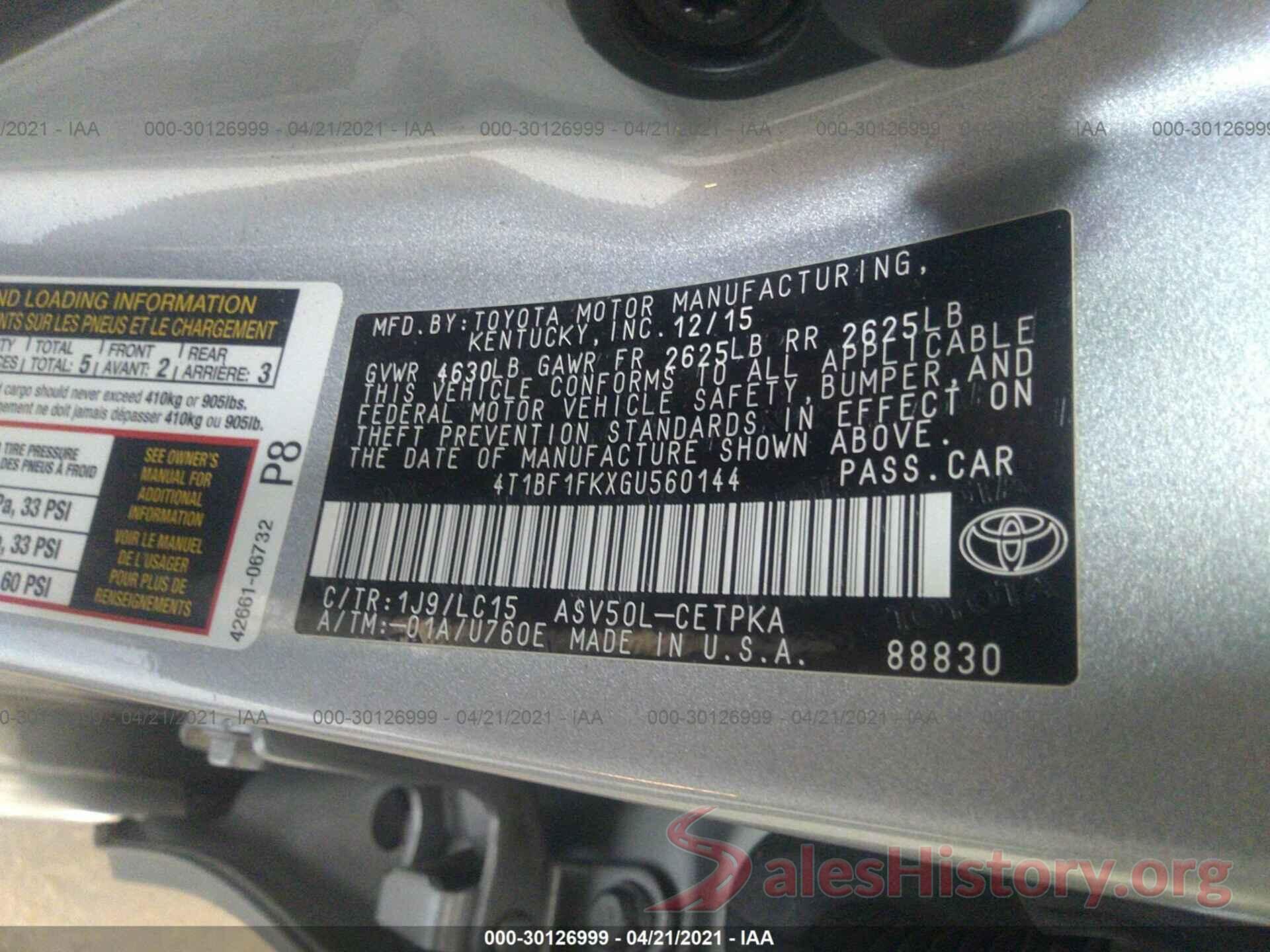 4T1BF1FKXGU560144 2016 TOYOTA CAMRY