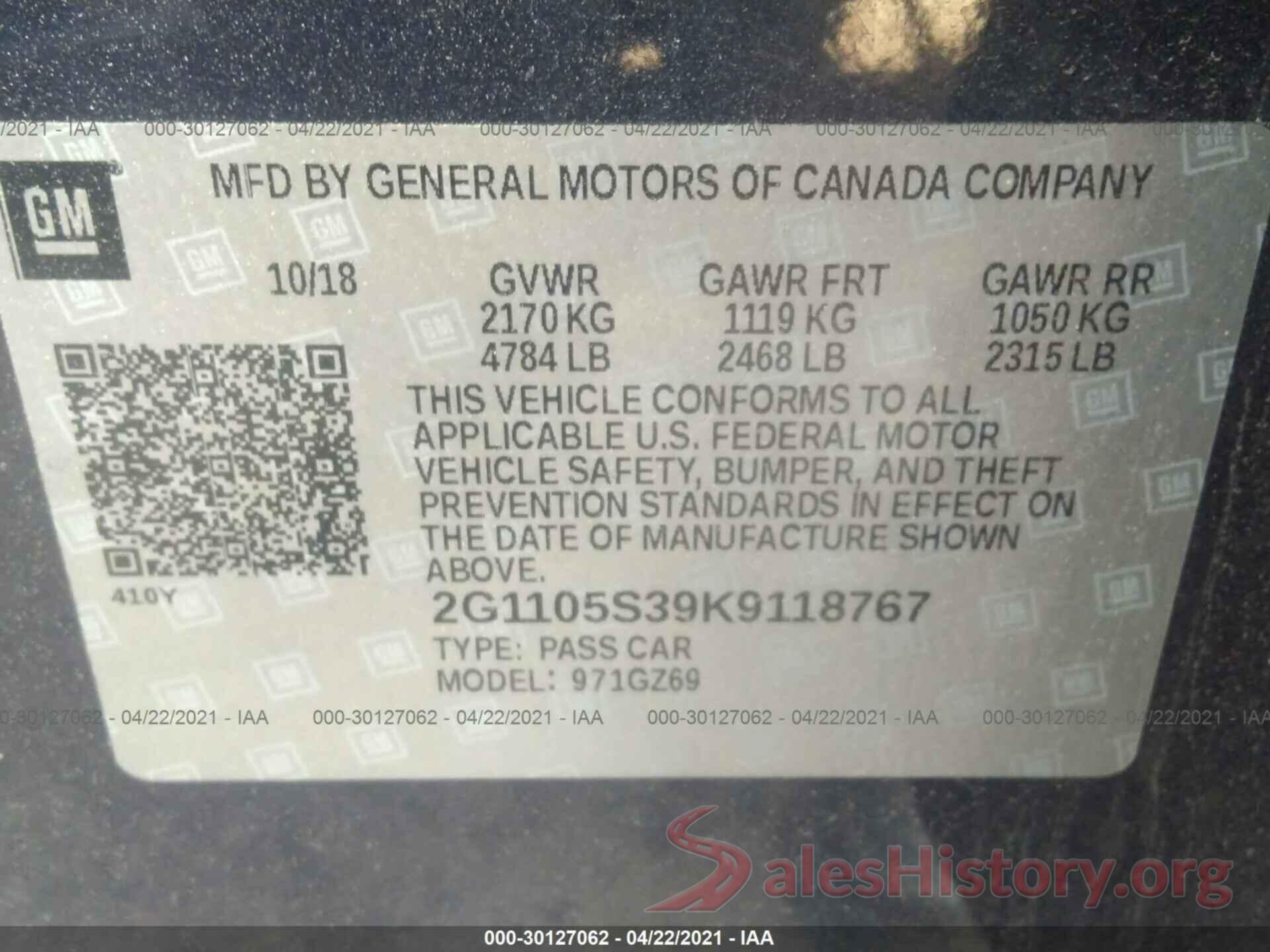 2G1105S39K9118767 2019 CHEVROLET IMPALA