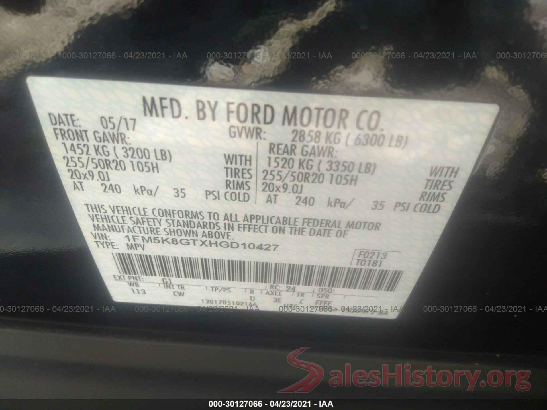 1FM5K8GTXHGD10427 2017 FORD EXPLORER