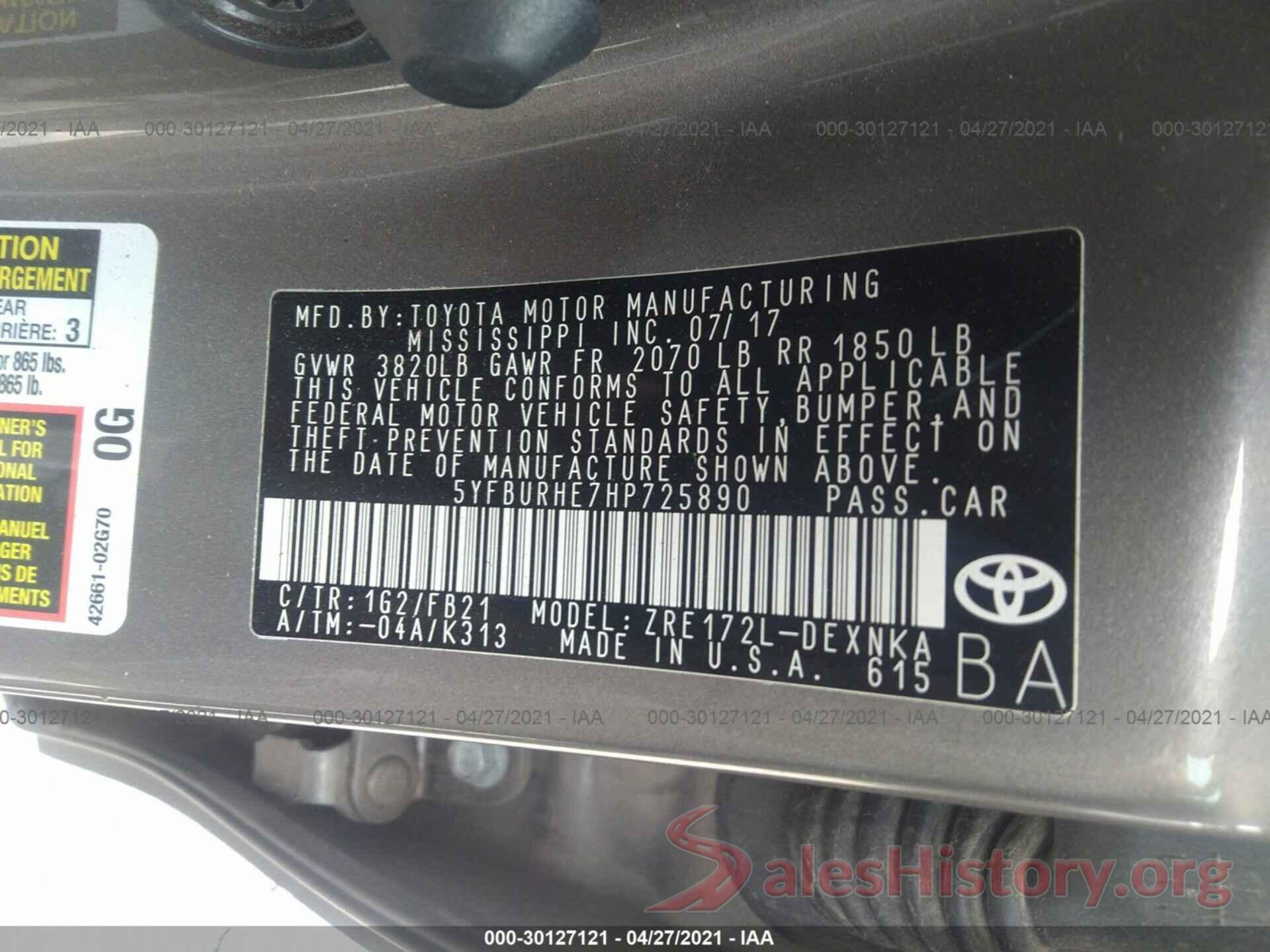 5YFBURHE7HP725890 2017 TOYOTA COROLLA