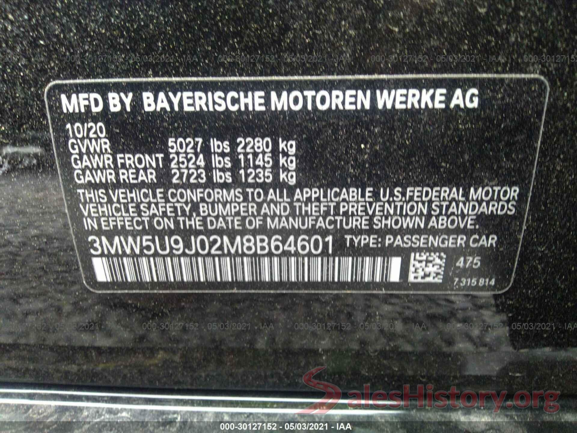 3MW5U9J02M8B64601 2021 BMW 3 SERIES