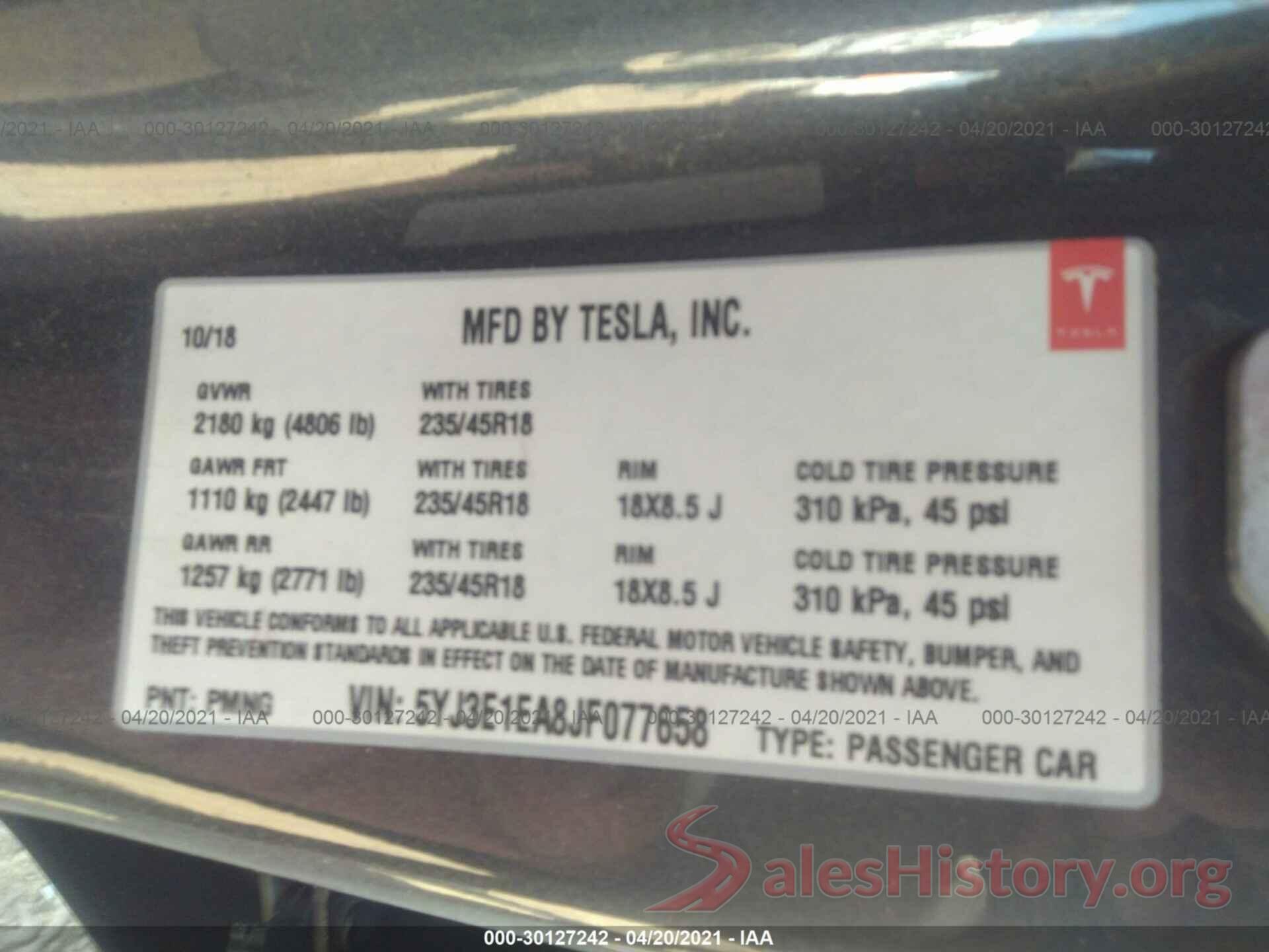 5YJ3E1EA8JF077658 2018 TESLA MODEL 3