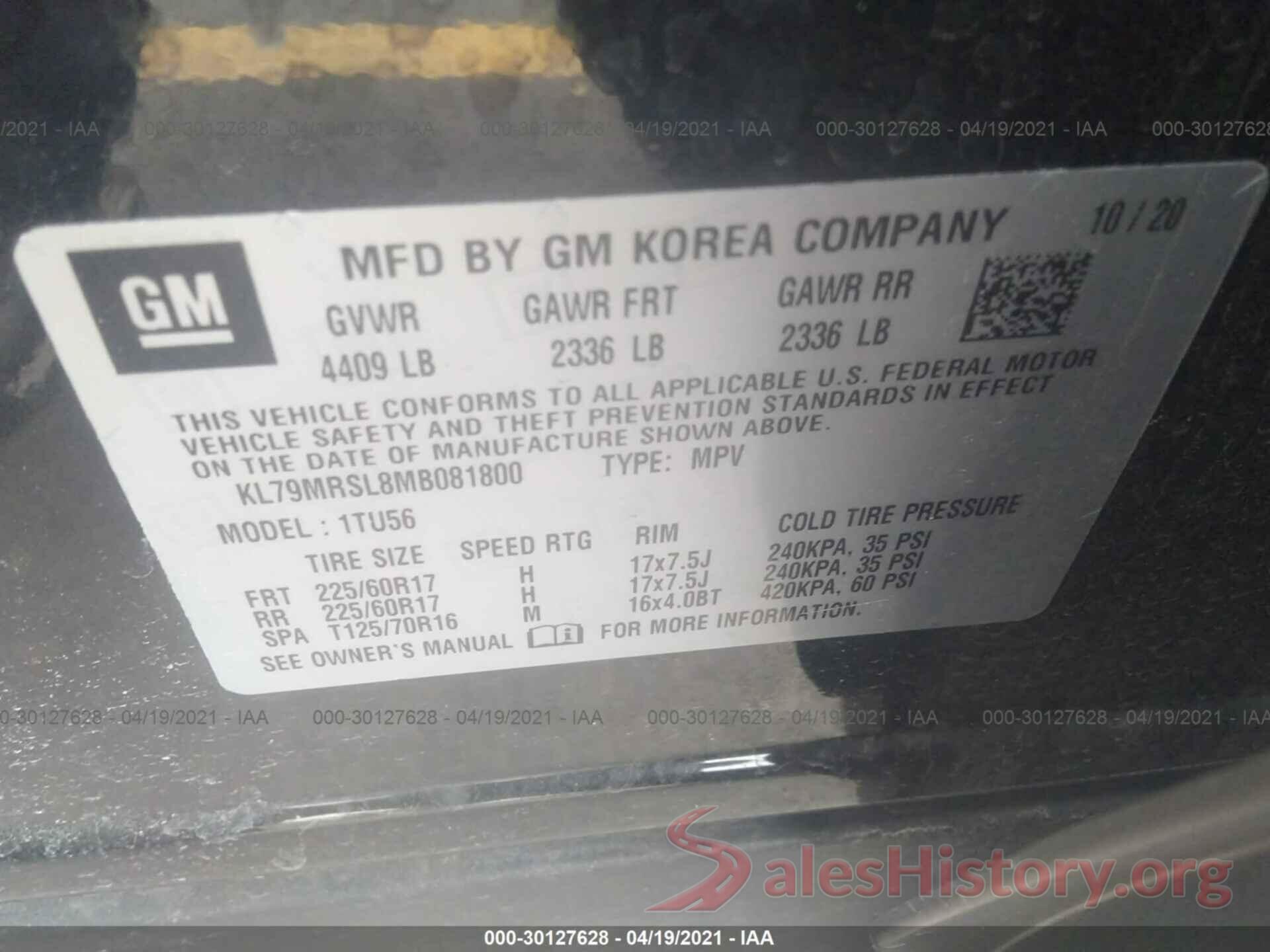 KL79MRSL8MB081800 2021 CHEVROLET TRAILBLAZER