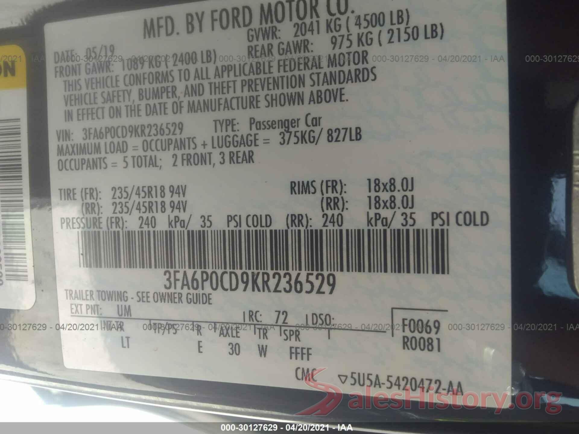 3FA6P0CD9KR236529 2019 FORD FUSION