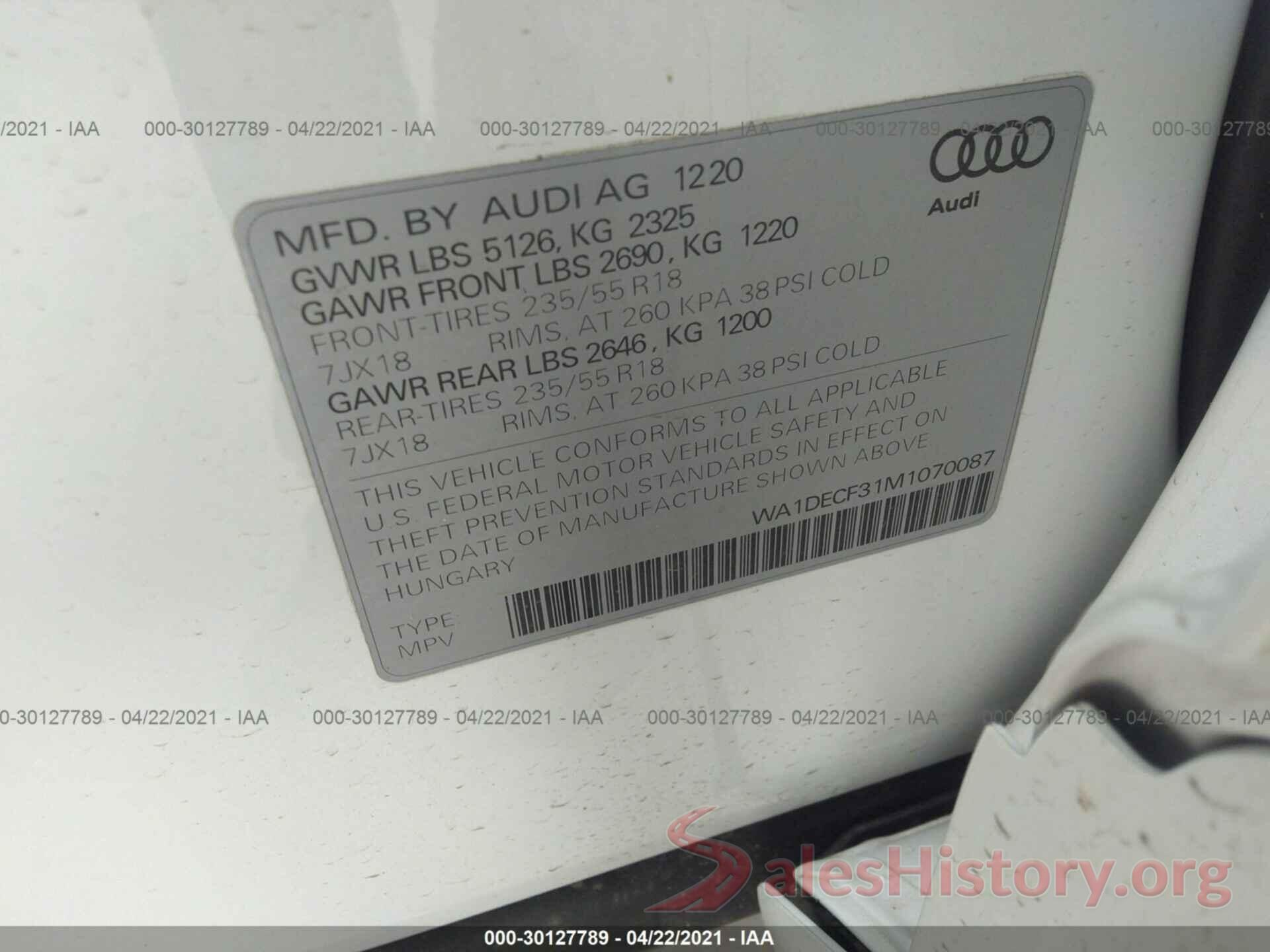 WA1DECF31M1070087 2021 AUDI Q3