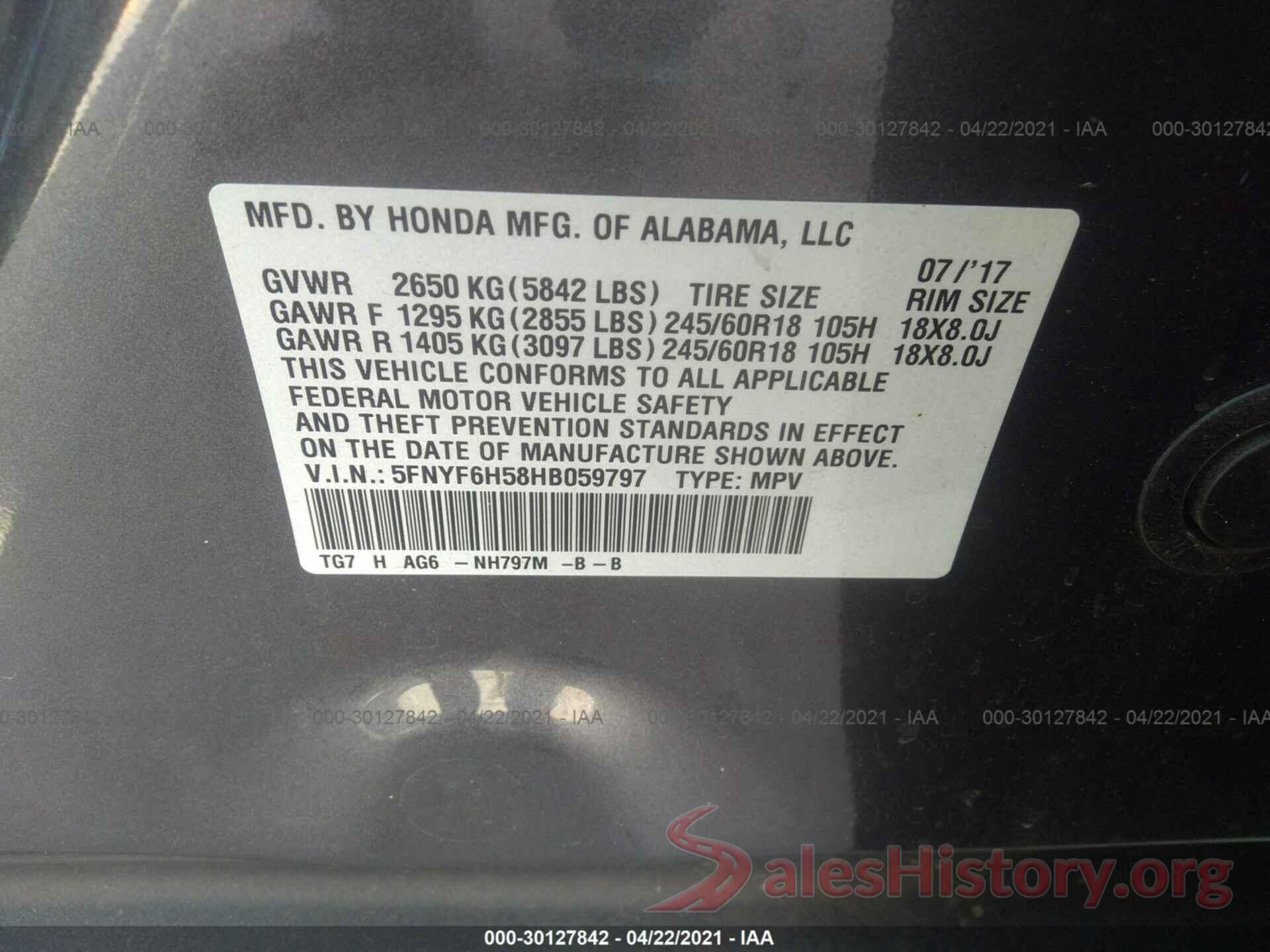 5FNYF6H58HB059797 2017 HONDA PILOT