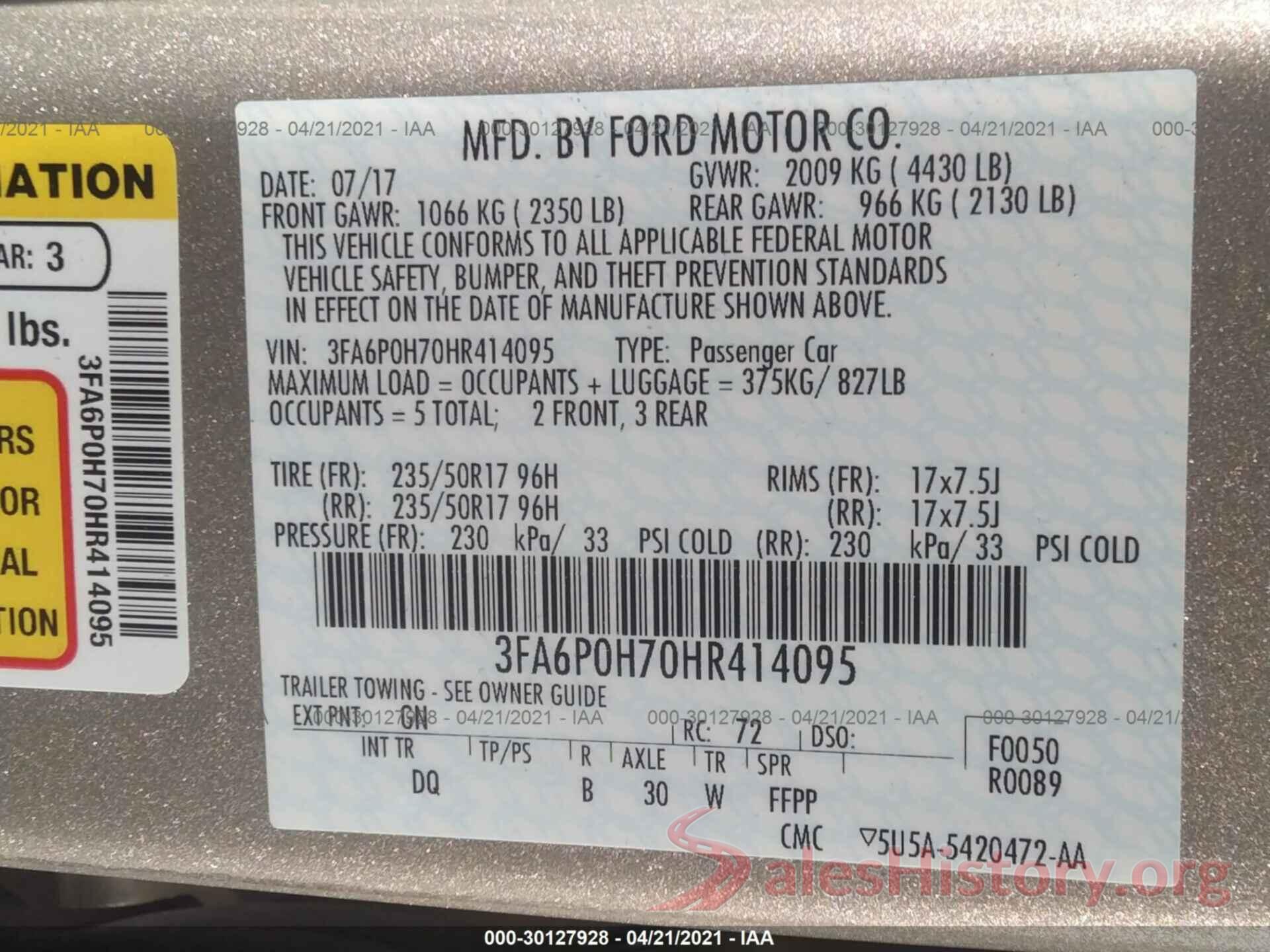 3FA6P0H70HR414095 2017 FORD FUSION