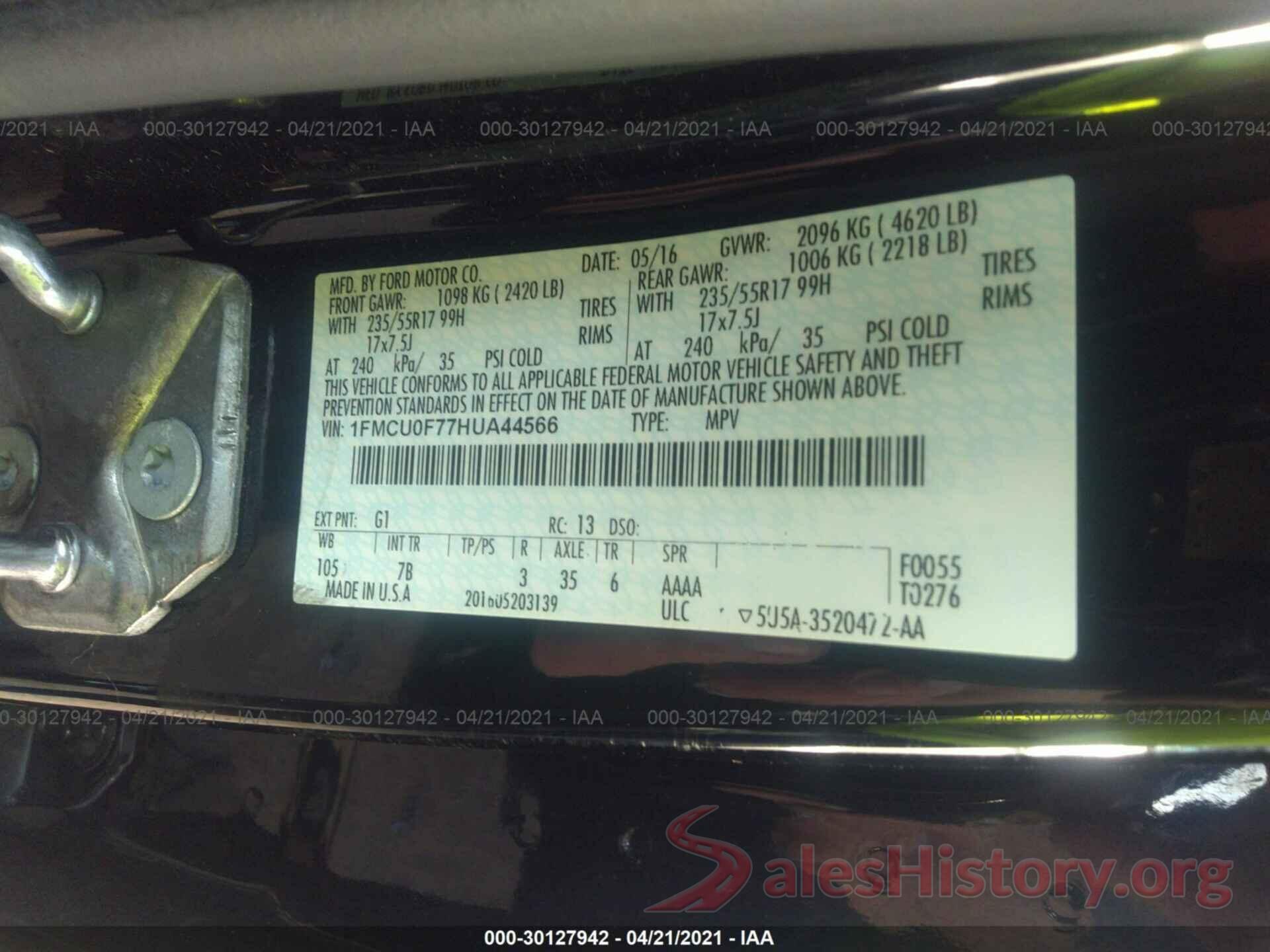 1FMCU0F77HUA44566 2017 FORD ESCAPE