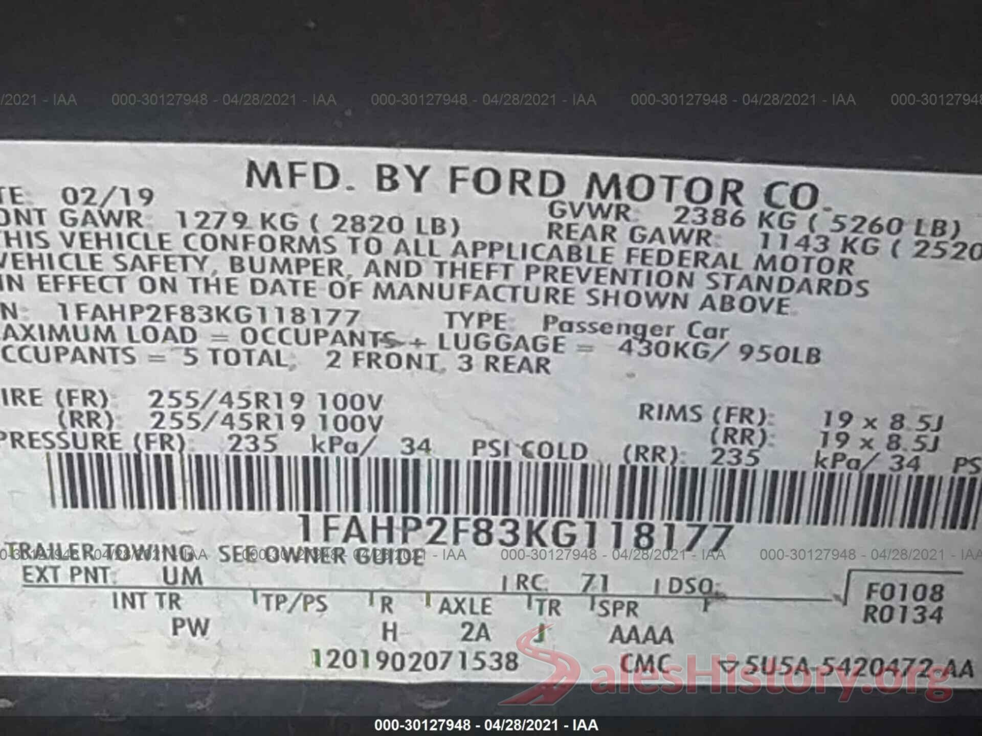 1FAHP2F83KG118177 2019 FORD TAURUS