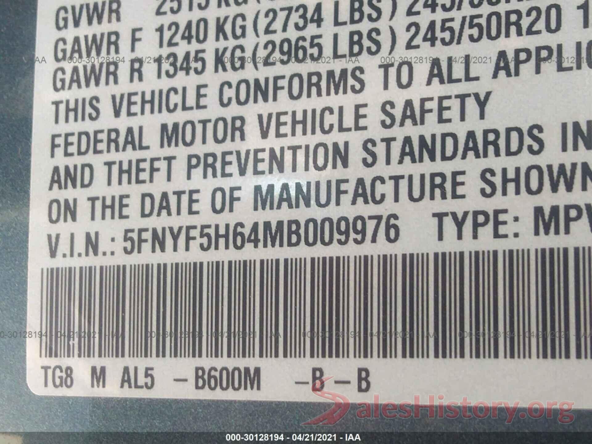 5FNYF5H64MB009976 2021 HONDA PILOT