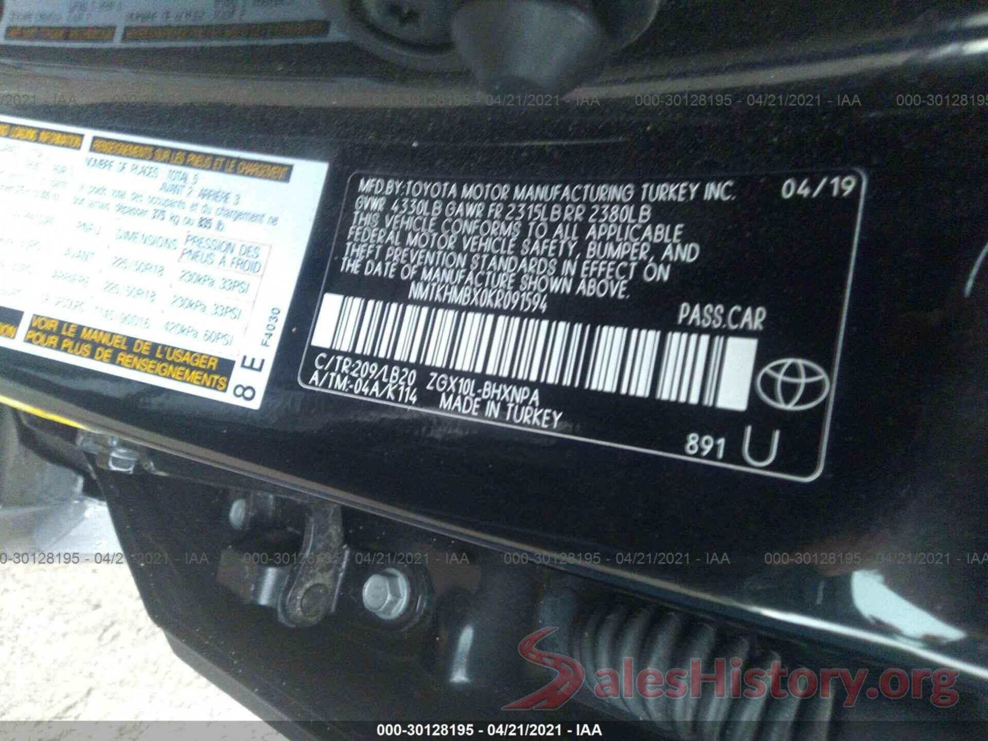 NMTKHMBX0KR091594 2019 TOYOTA C-HR