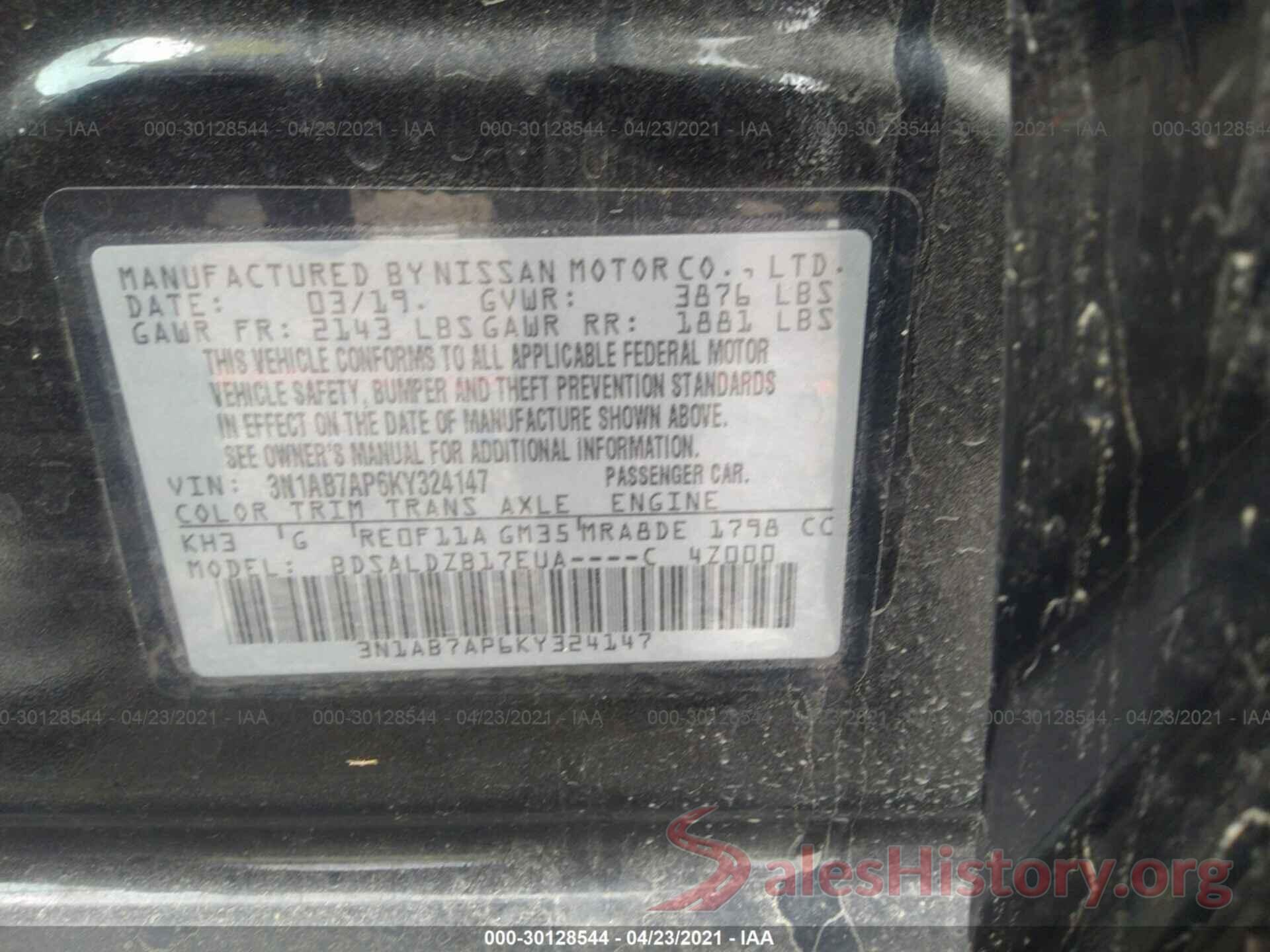 3N1AB7AP6KY324147 2019 NISSAN SENTRA