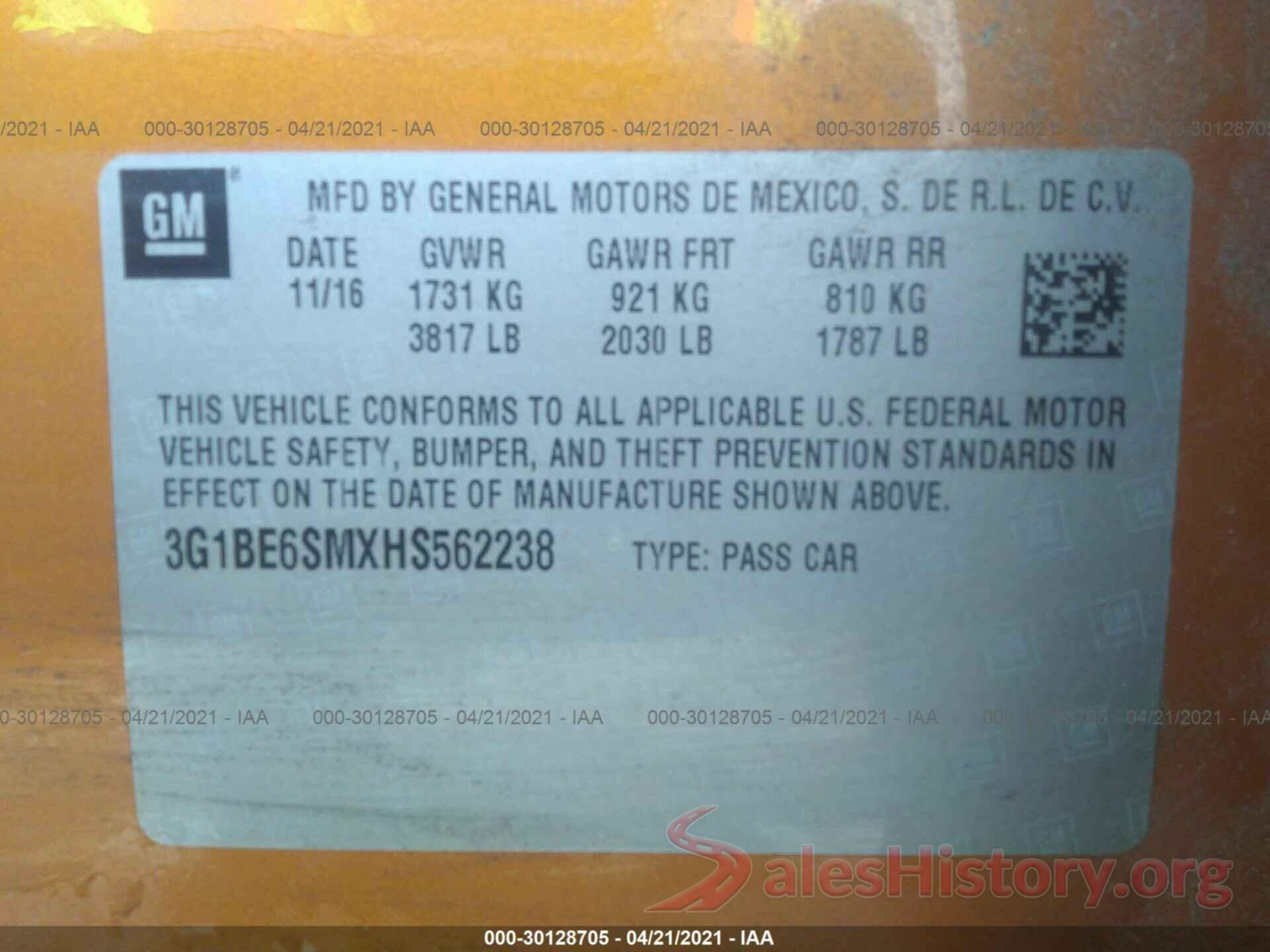 3G1BE6SMXHS562238 2017 CHEVROLET CRUZE