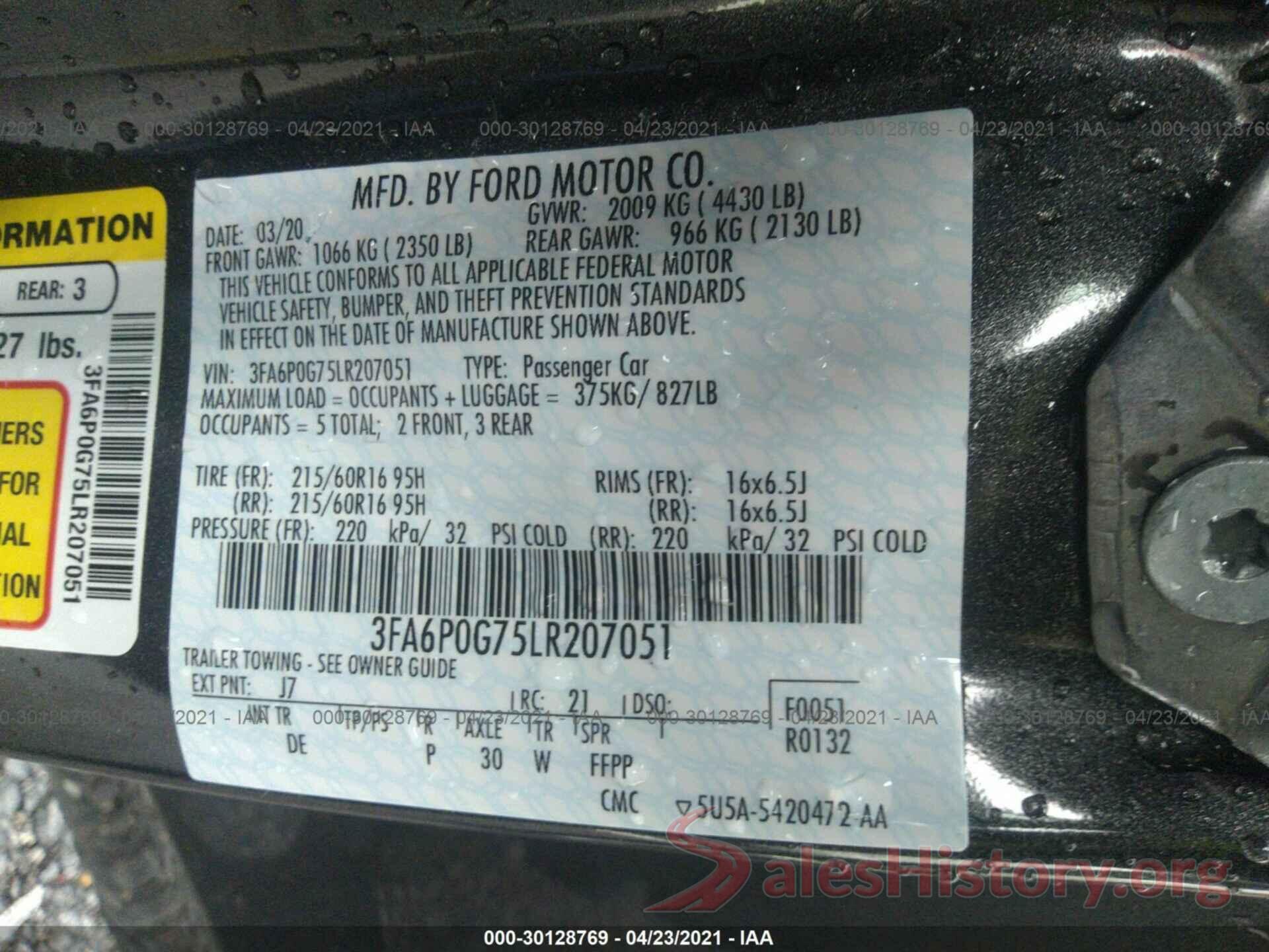 3FA6P0G75LR207051 2020 FORD FUSION