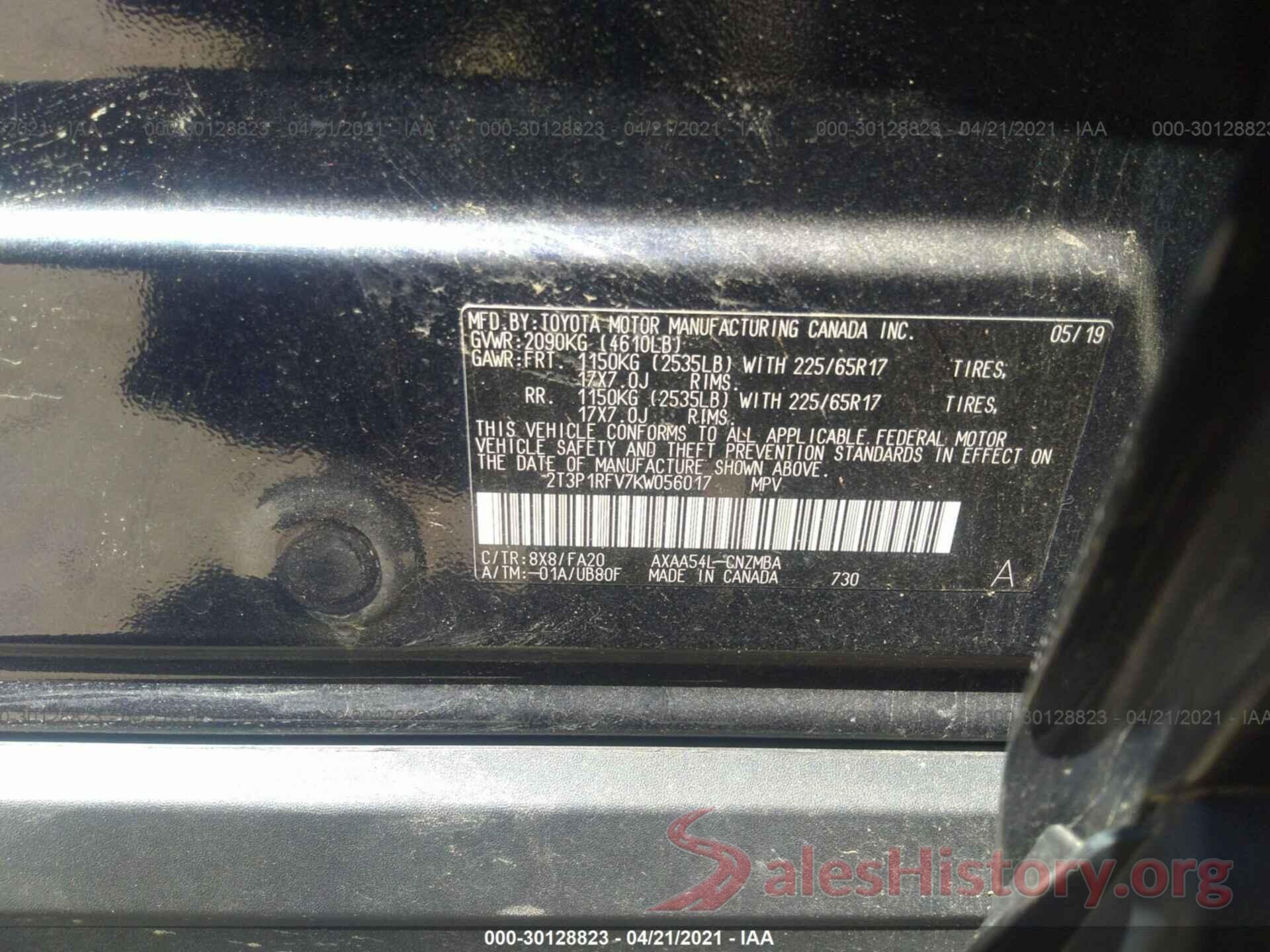 2T3P1RFV7KW056017 2019 TOYOTA RAV4